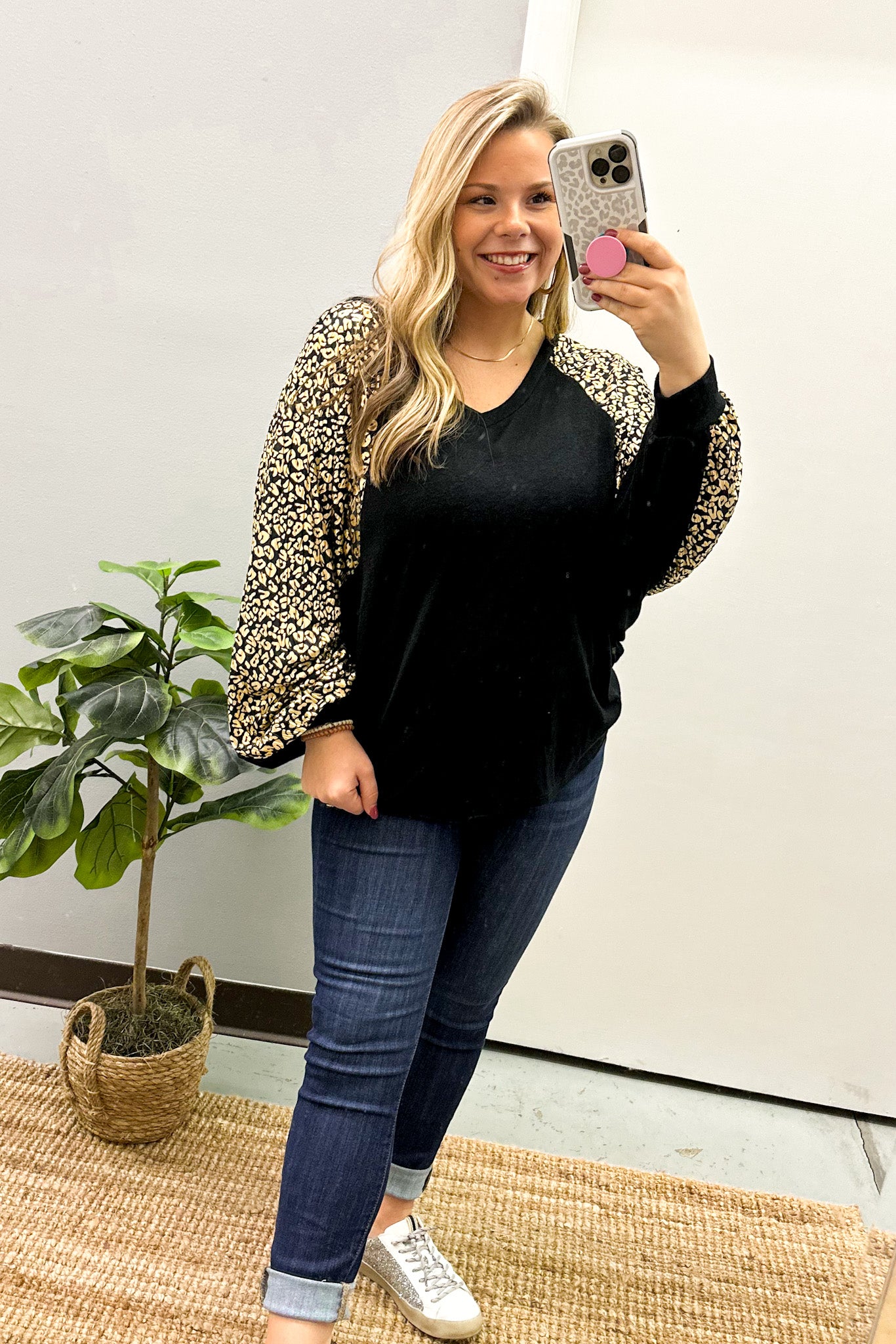 Not Your Average Leopard Sleeve Top, Black/Gold