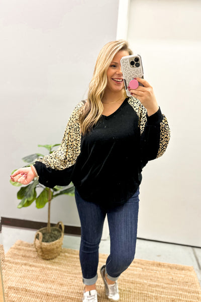 Not Your Average Leopard Sleeve Top, Black/Gold