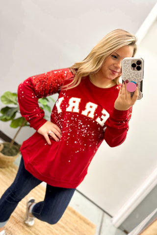 Merry Letters Sequin Sleeve Top, Red