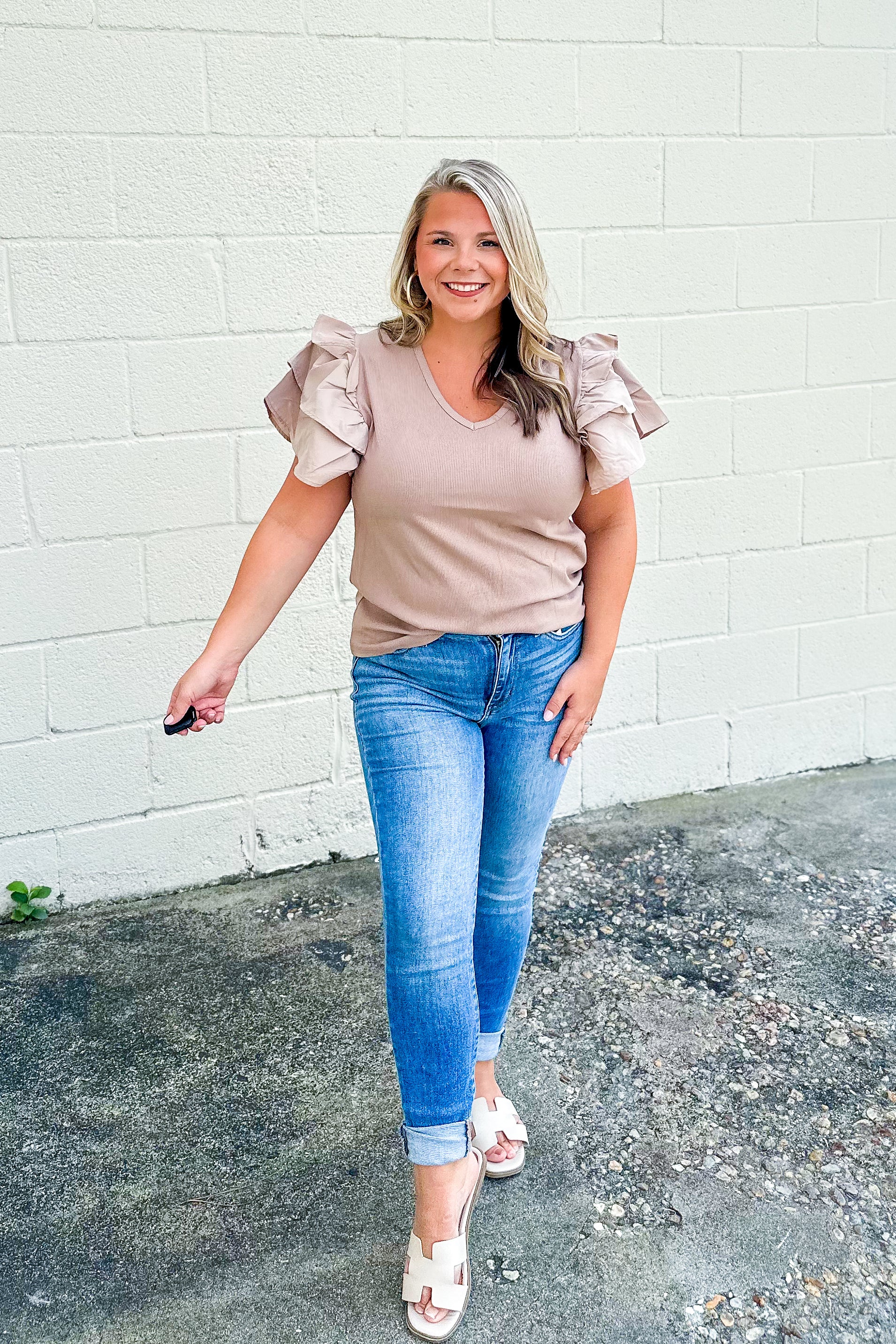 Show The Crowd Ruffle Sleeve Top, Beige