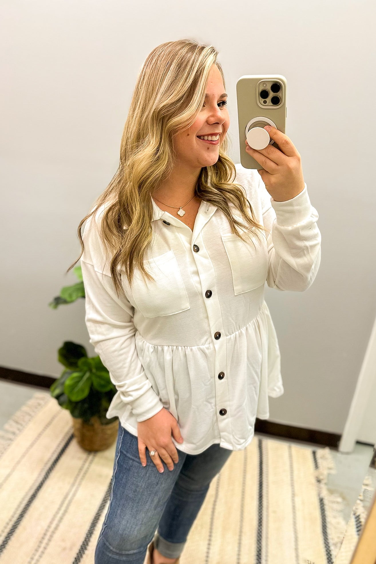 Make My Day Peplum Button Down Top, Ivory