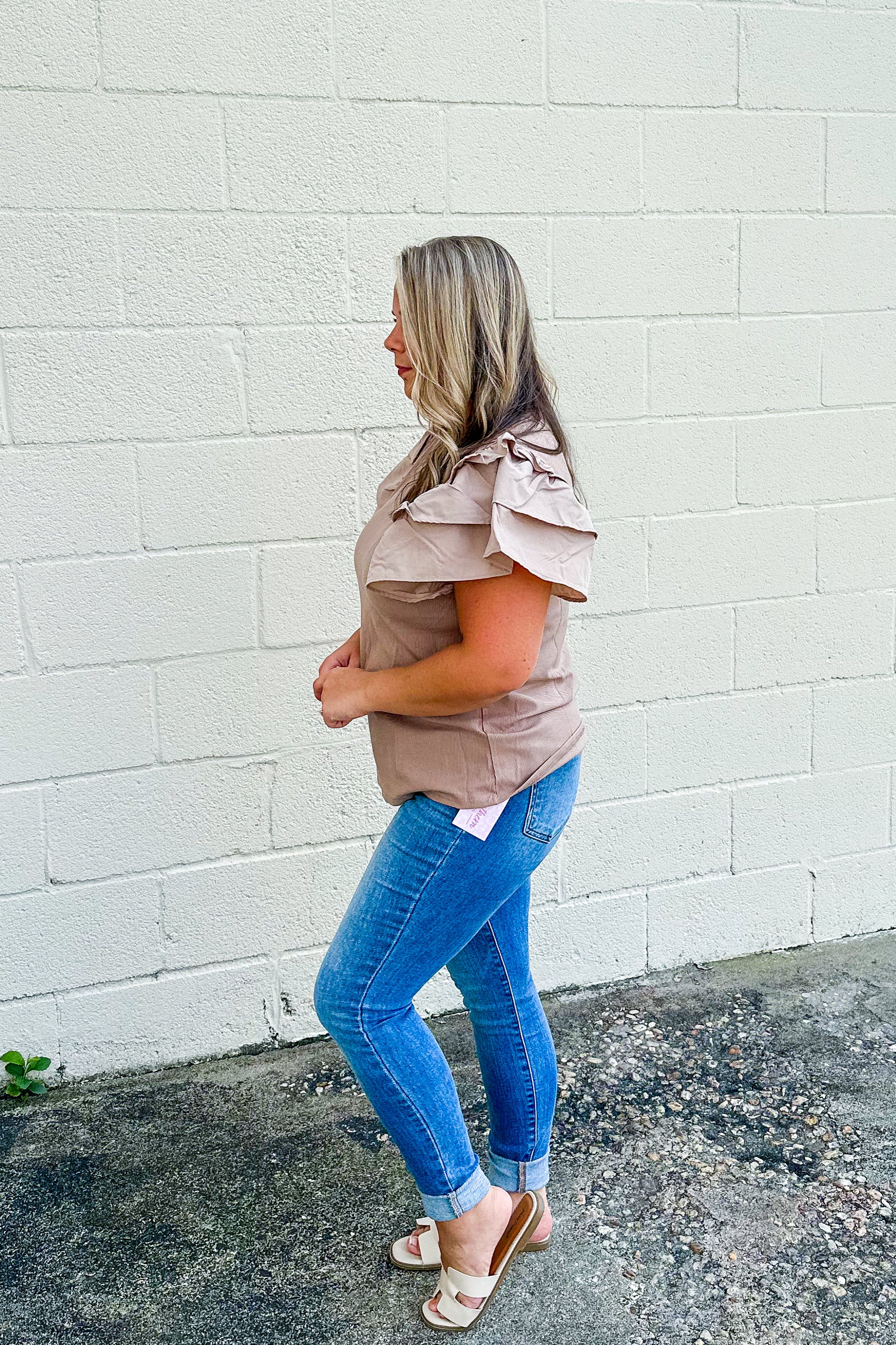 Show The Crowd Ruffle Sleeve Top, Beige