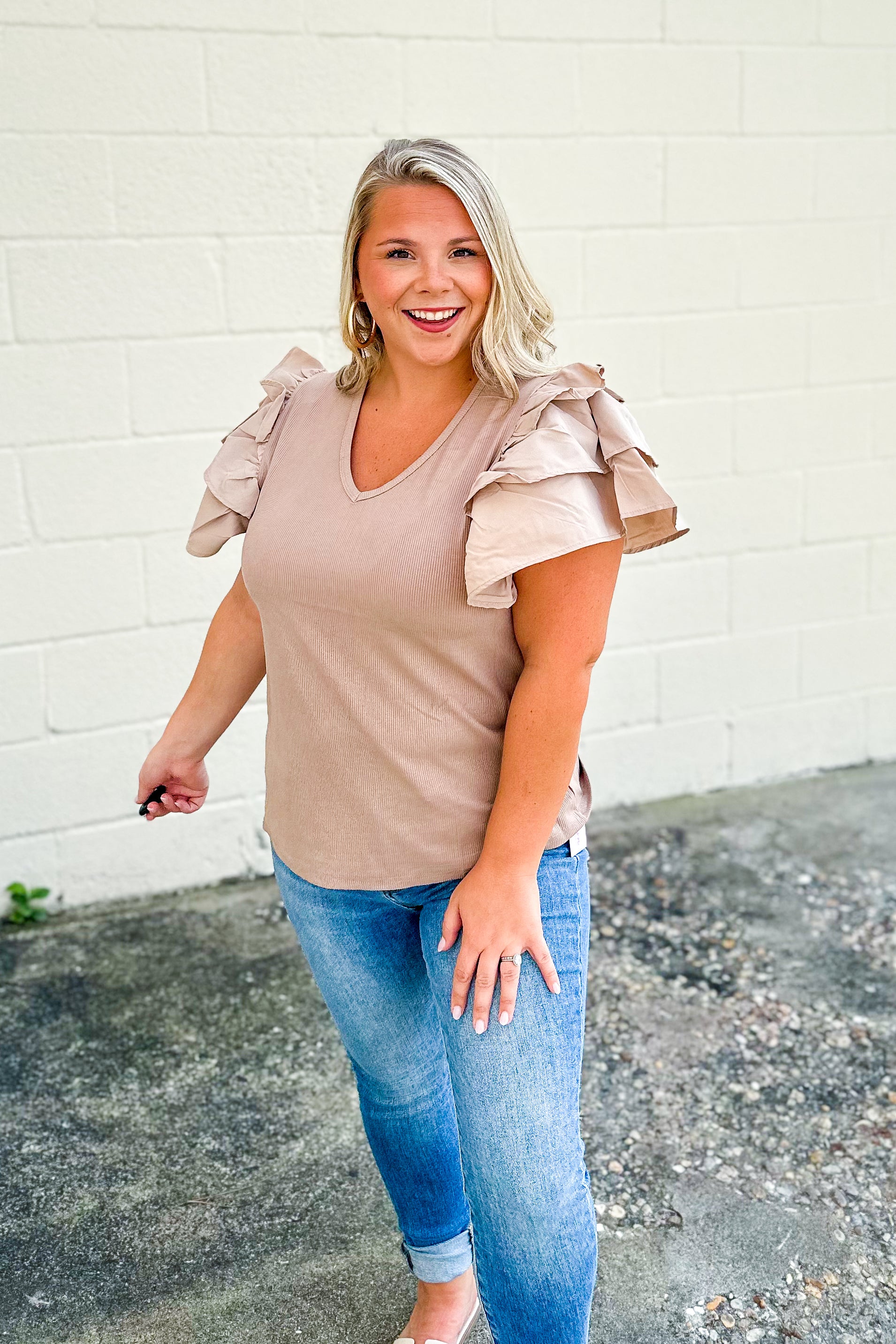 Show The Crowd Ruffle Sleeve Top, Beige