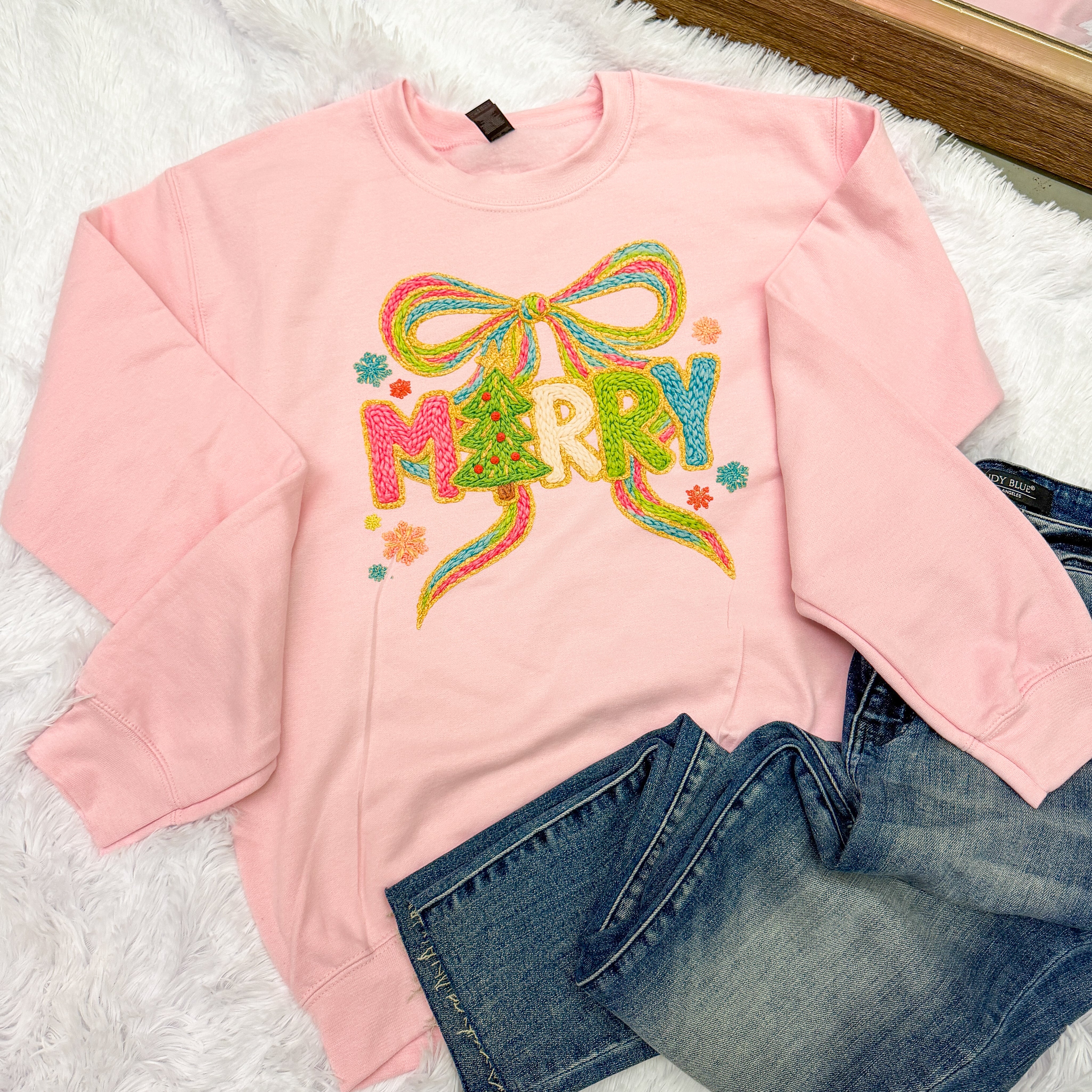 PREORDER: Merry Faux Crochet Sweatshirt, Light Pink