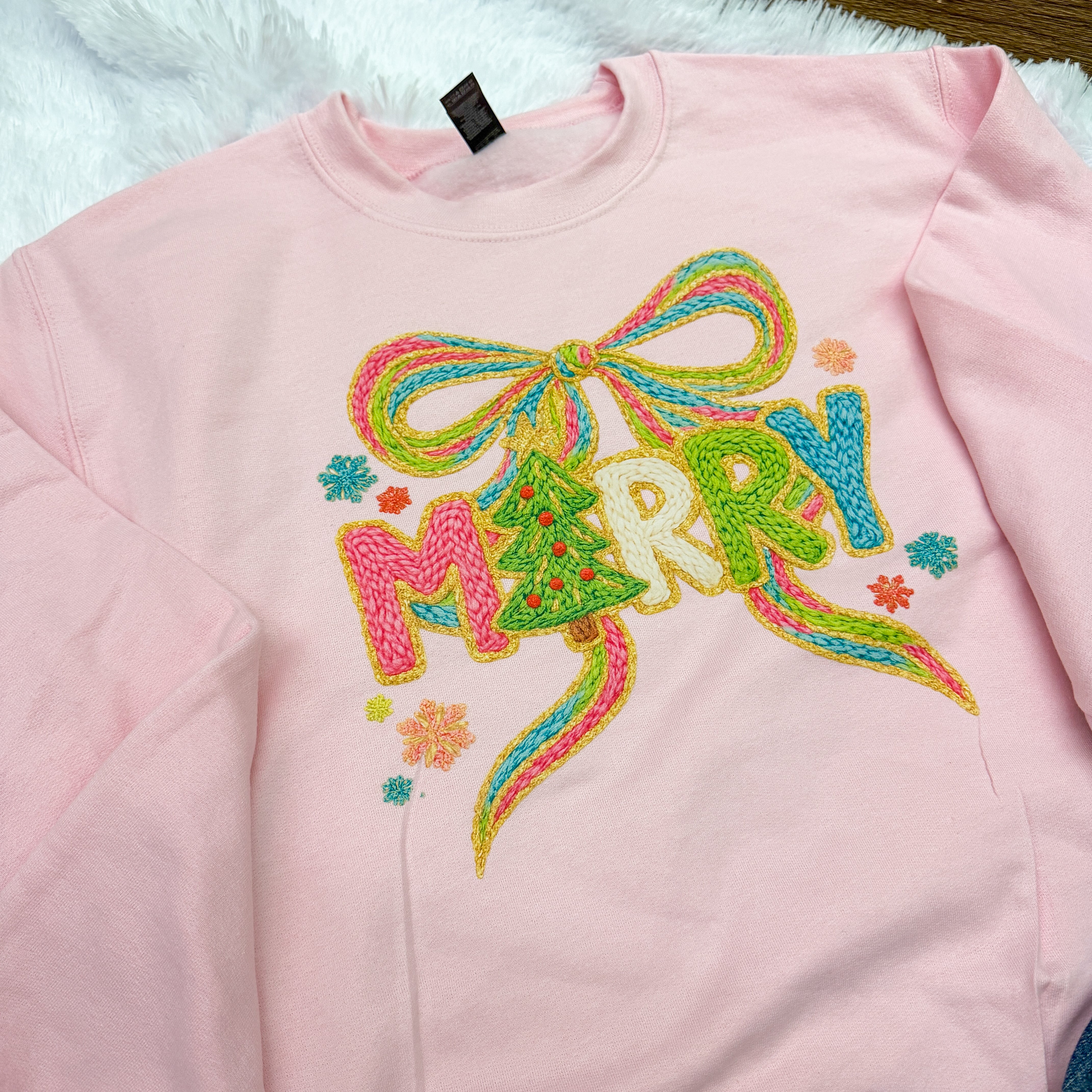 PREORDER: Merry Faux Crochet Sweatshirt, Light Pink