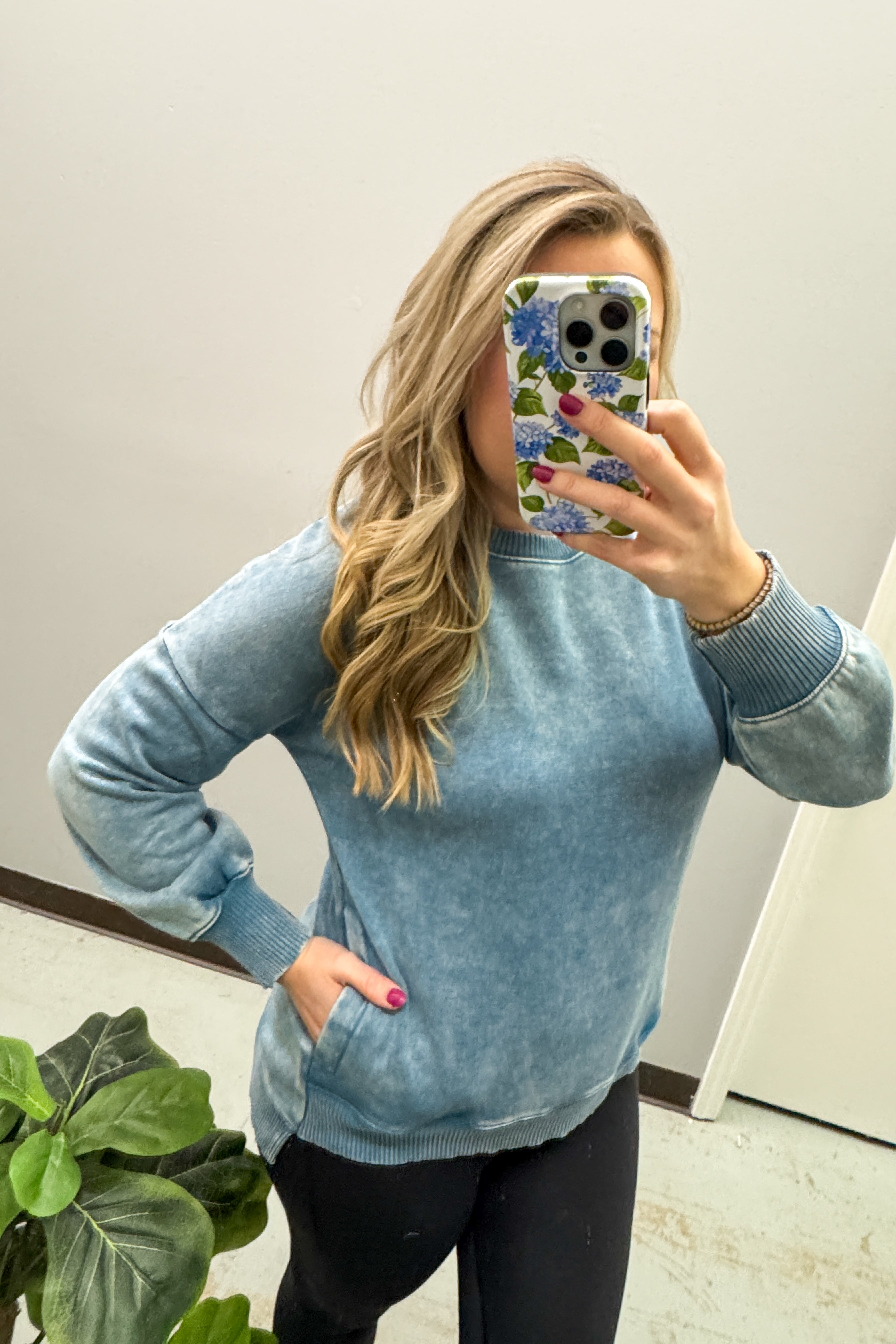 A Cozy Place Pullover Crewneck Top, Blue Grey