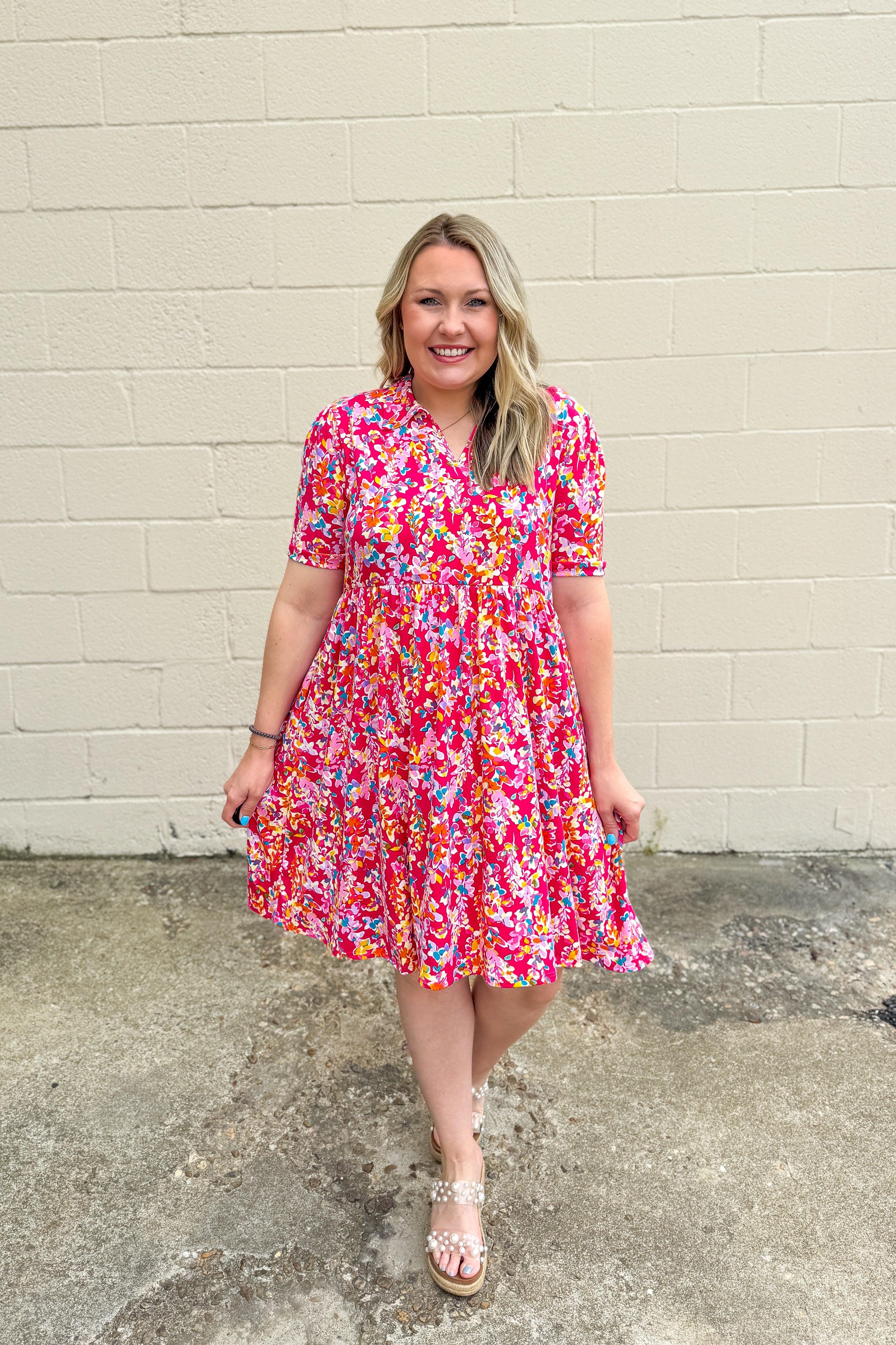 So Far So Good Floral Multi Print Dress, Fuschia