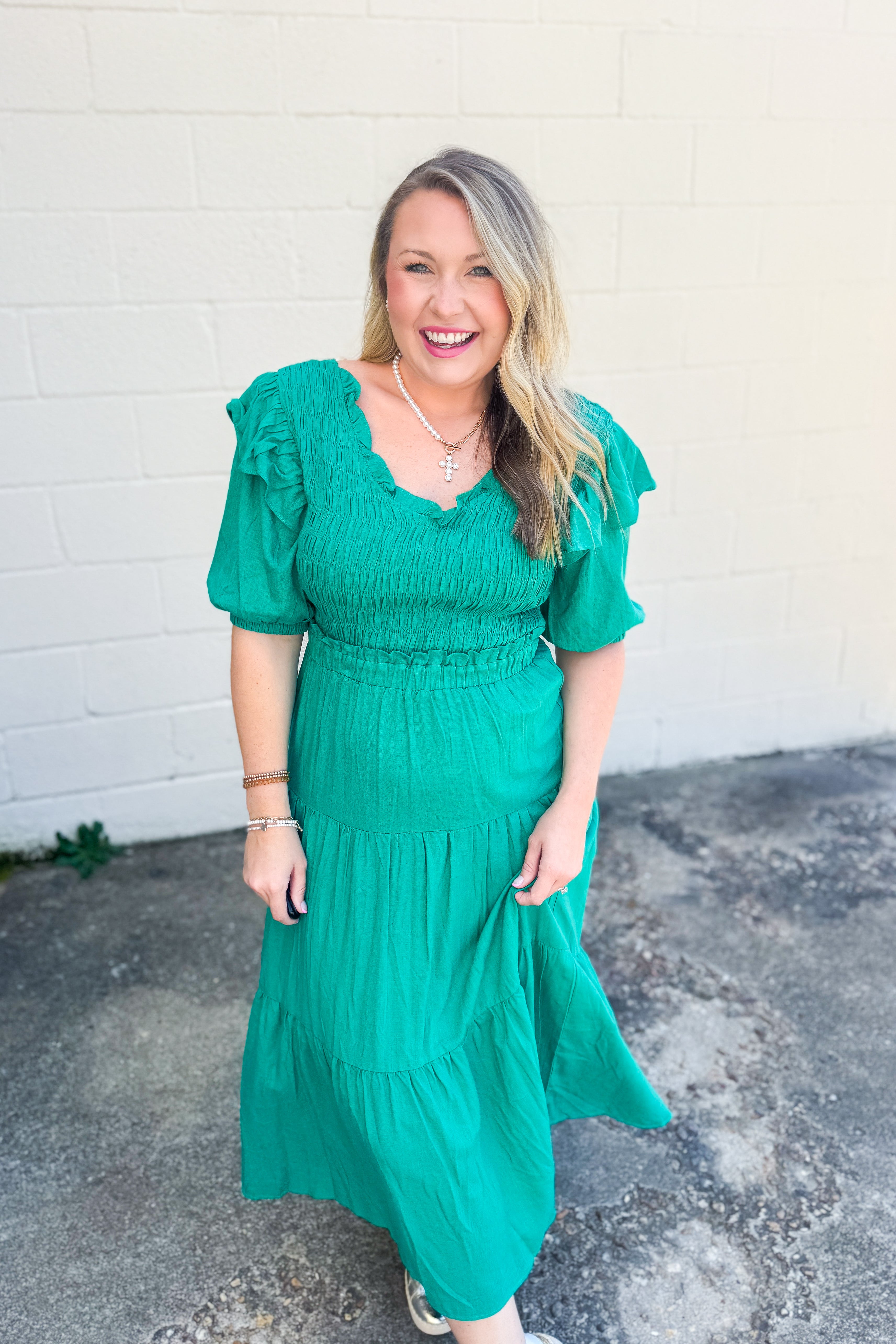 Ruffle Romance Smocked Maxi Dress, Emerald Green