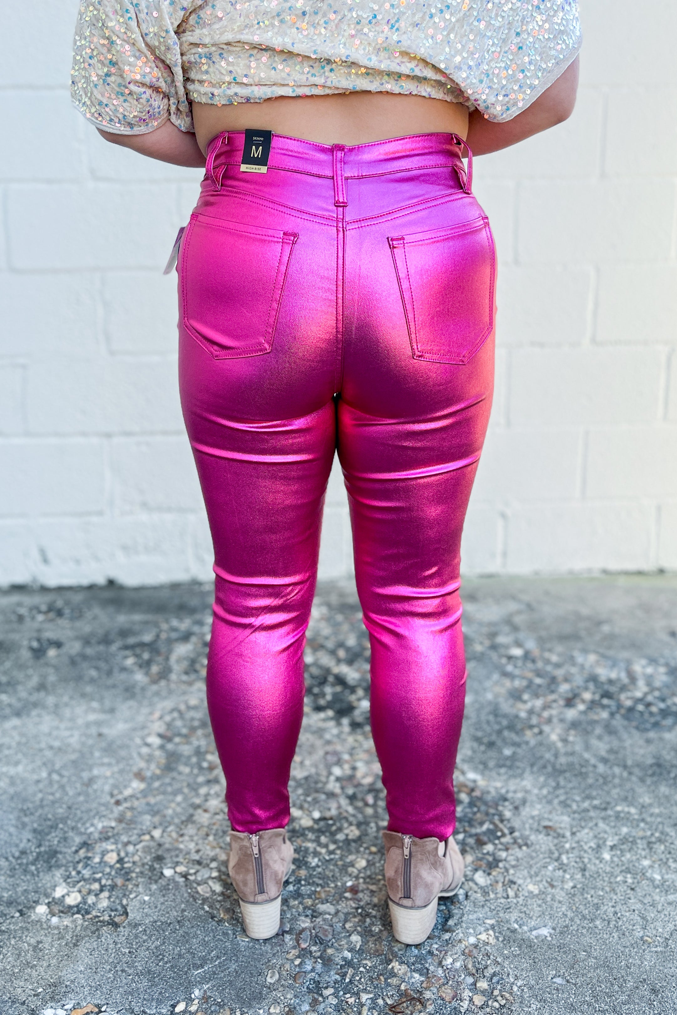YMI Metallic Skinny Jeans, Hot Pink - Main Image