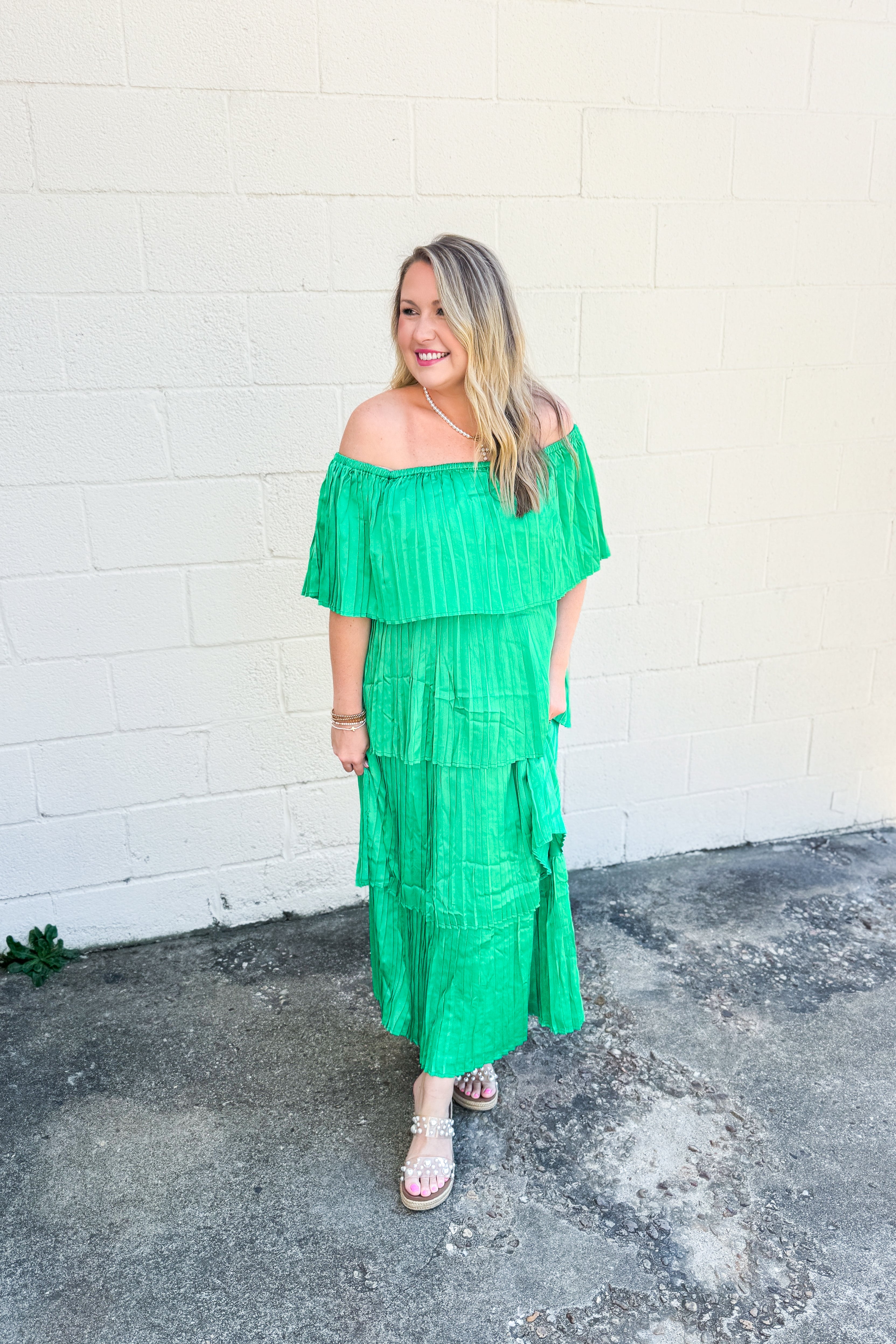 Emerald Pleated Romance Tiered Dress