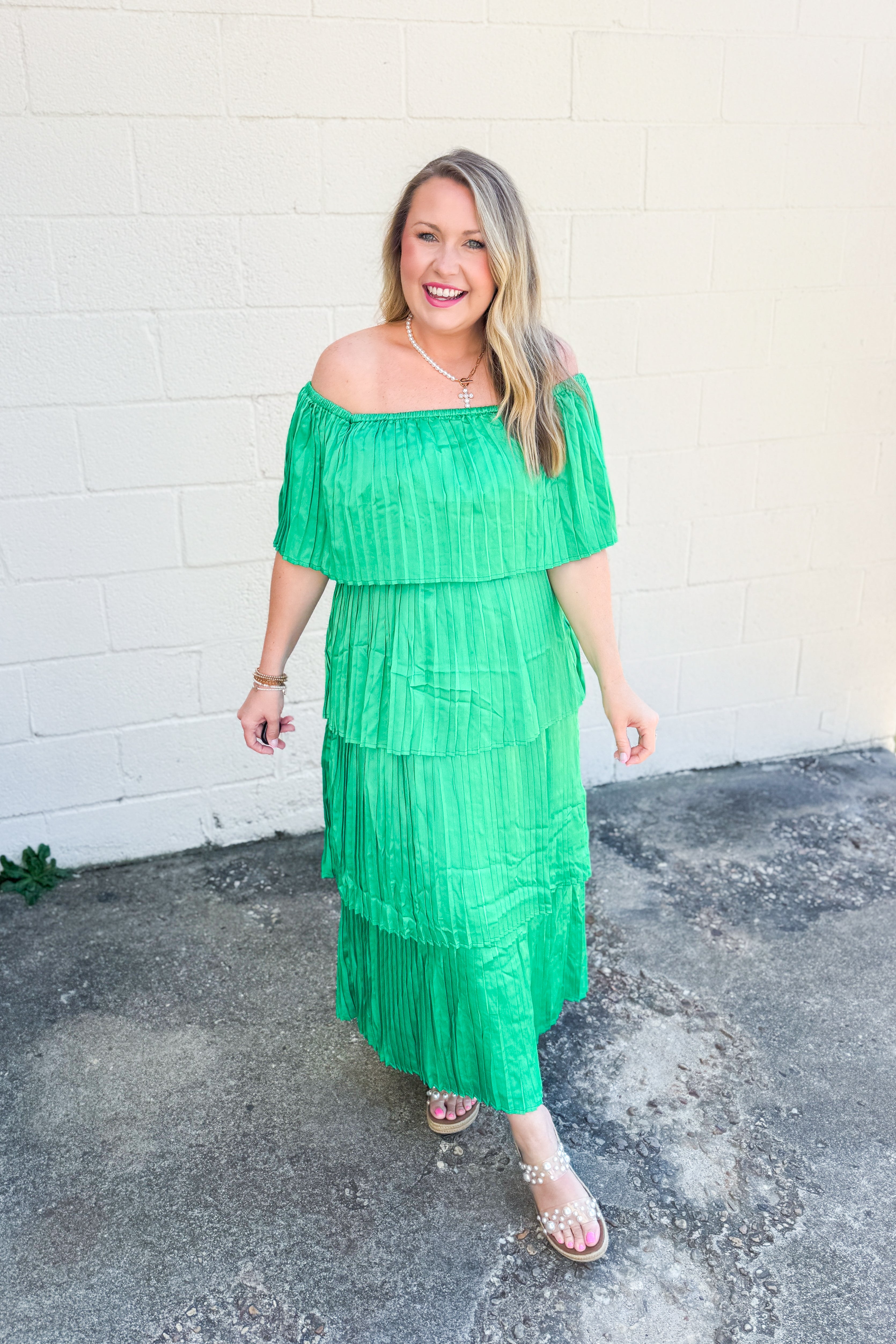 Emerald Pleated Romance Tiered Dress