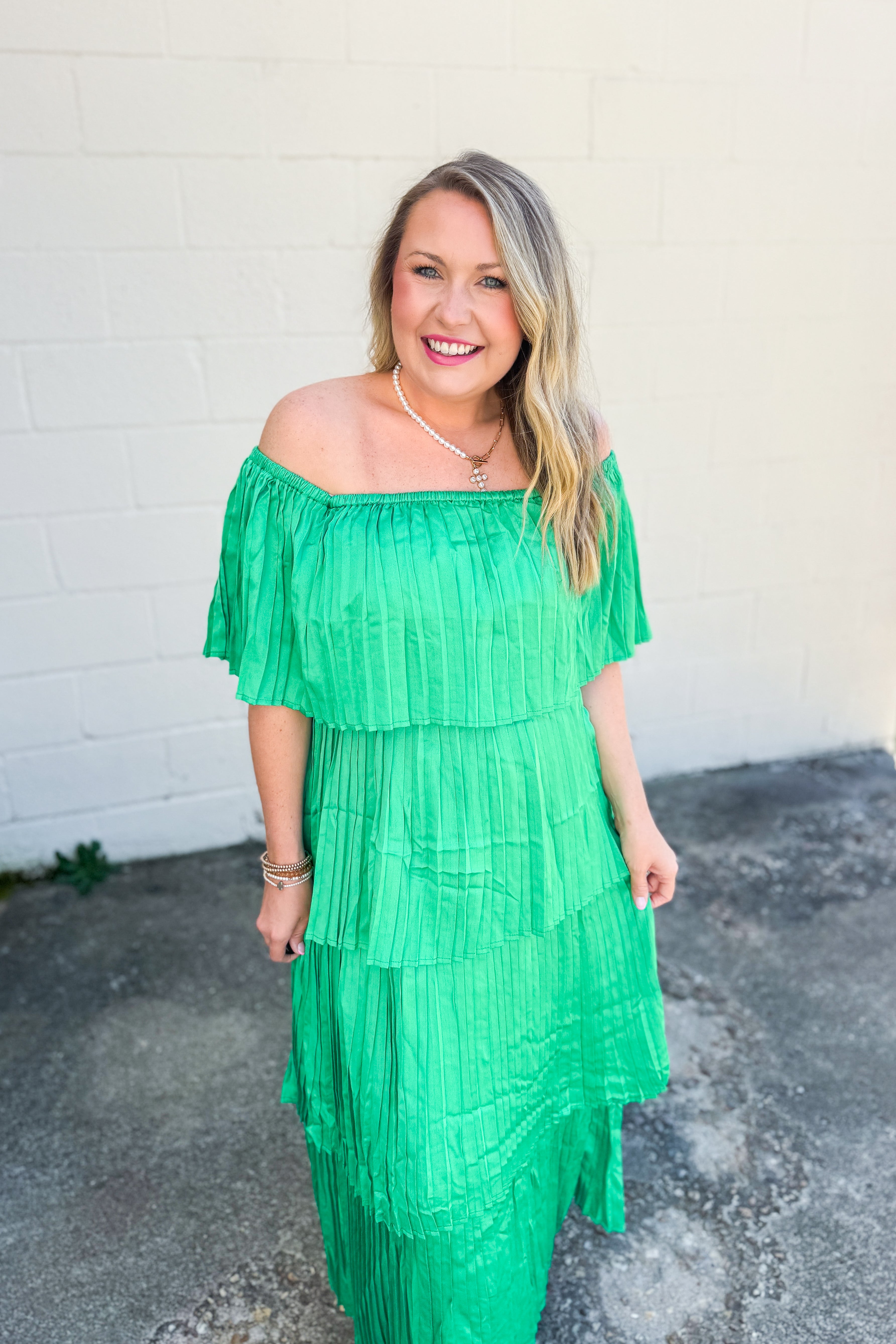Emerald Pleated Romance Tiered Dress