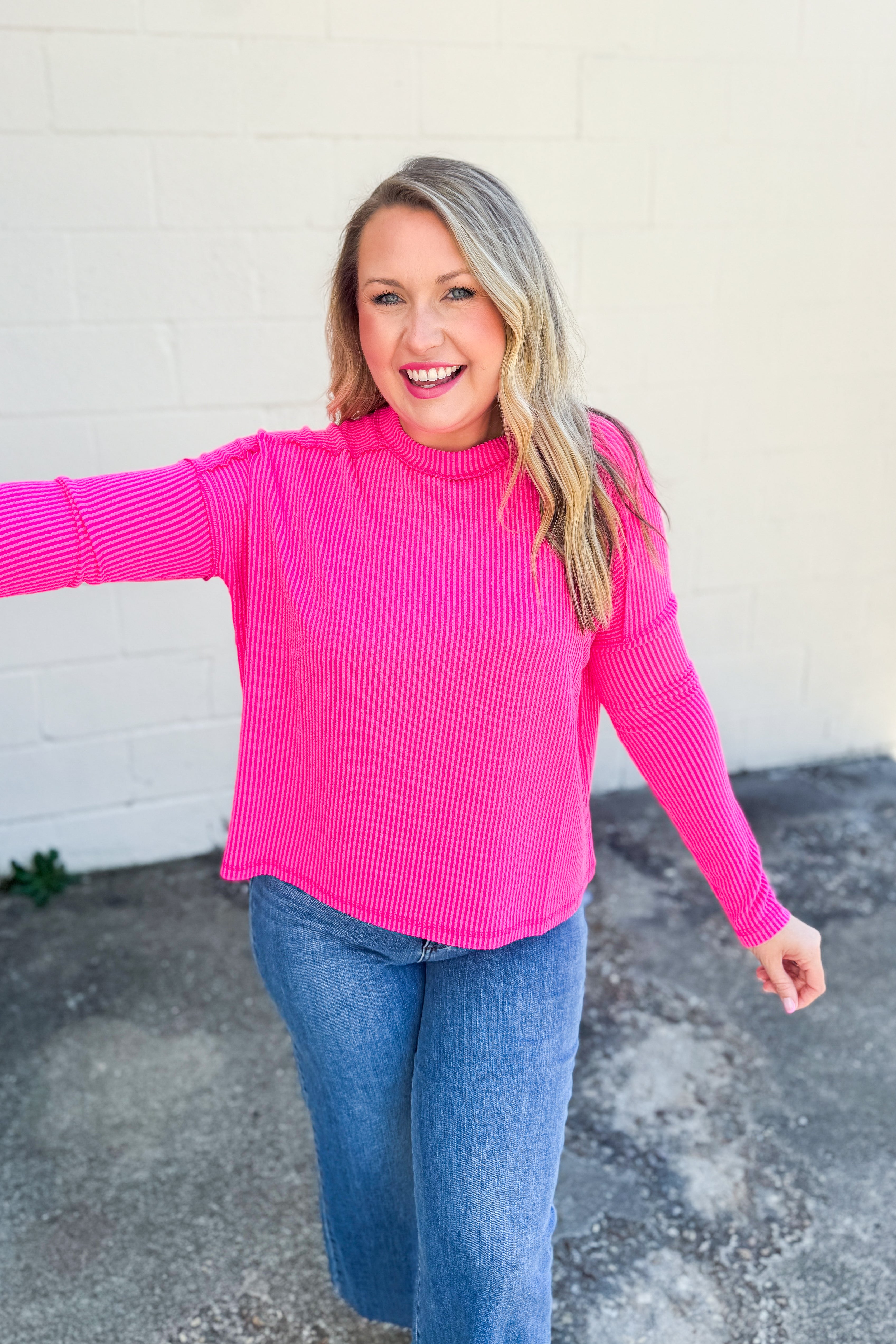 Holland Ribbed Crew Neck Top, Neon Pink