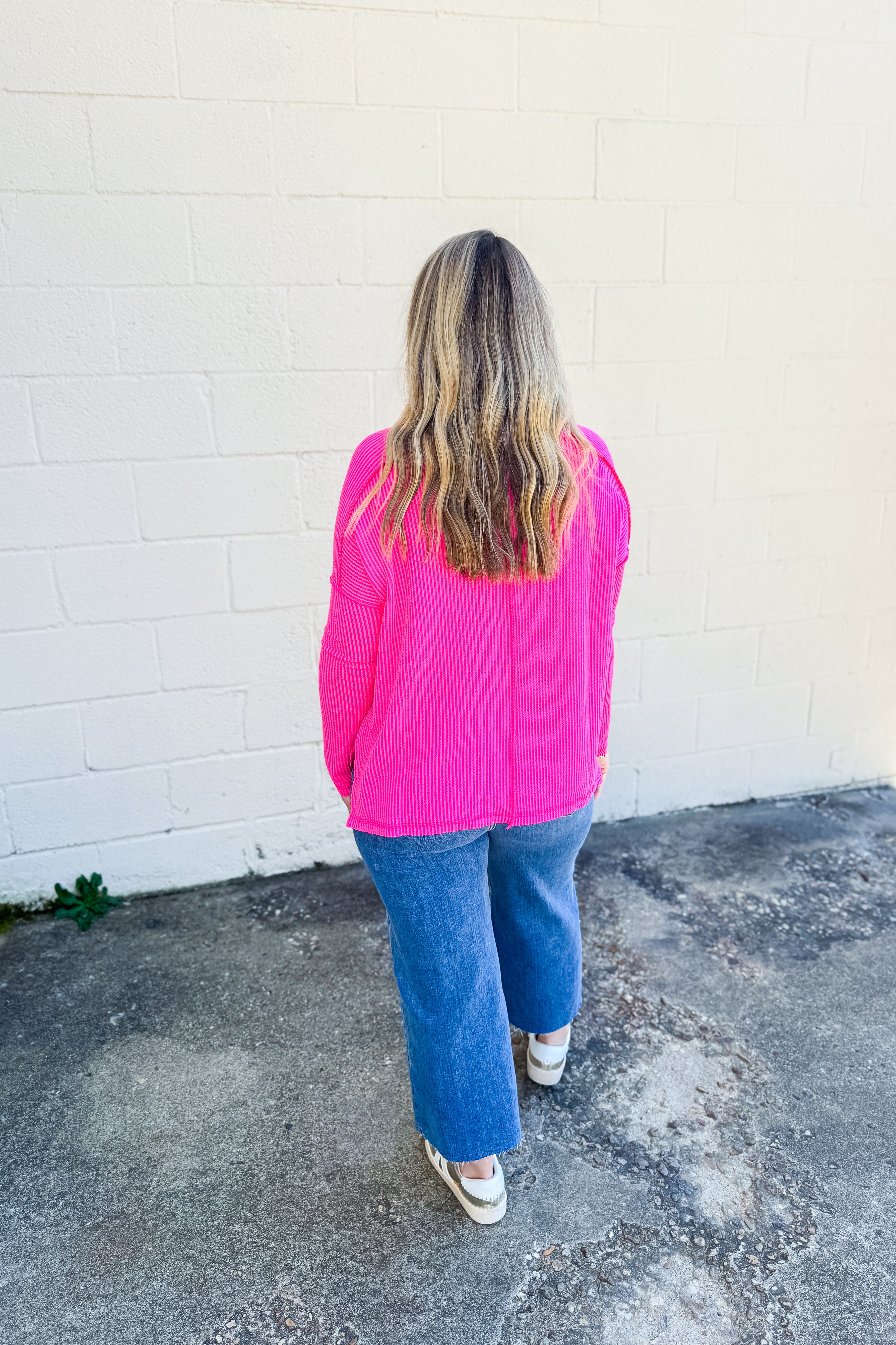 Holland Ribbed Crew Neck Top, Neon Pink
