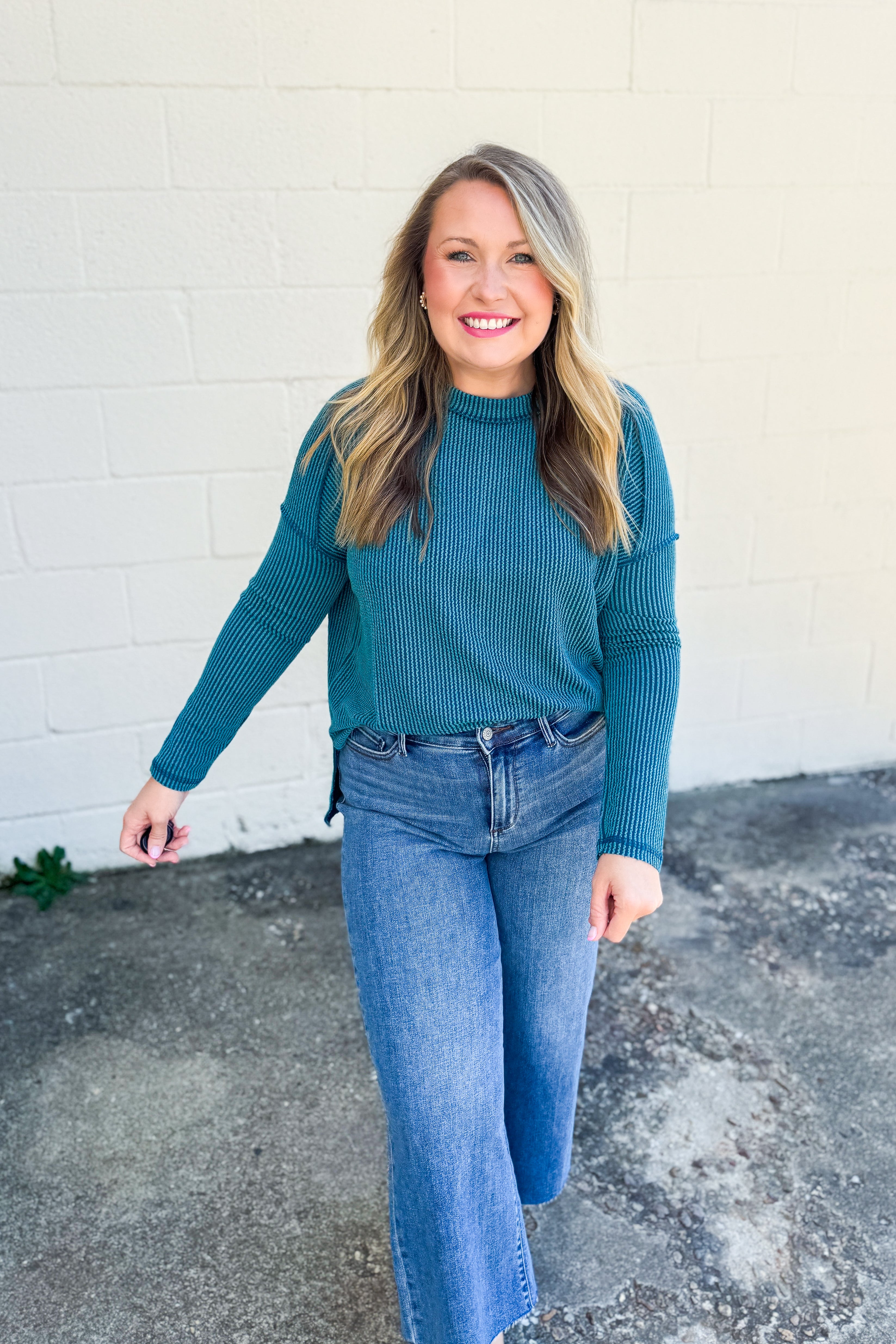 Holland Ribbed Crew Neck Top, Teal