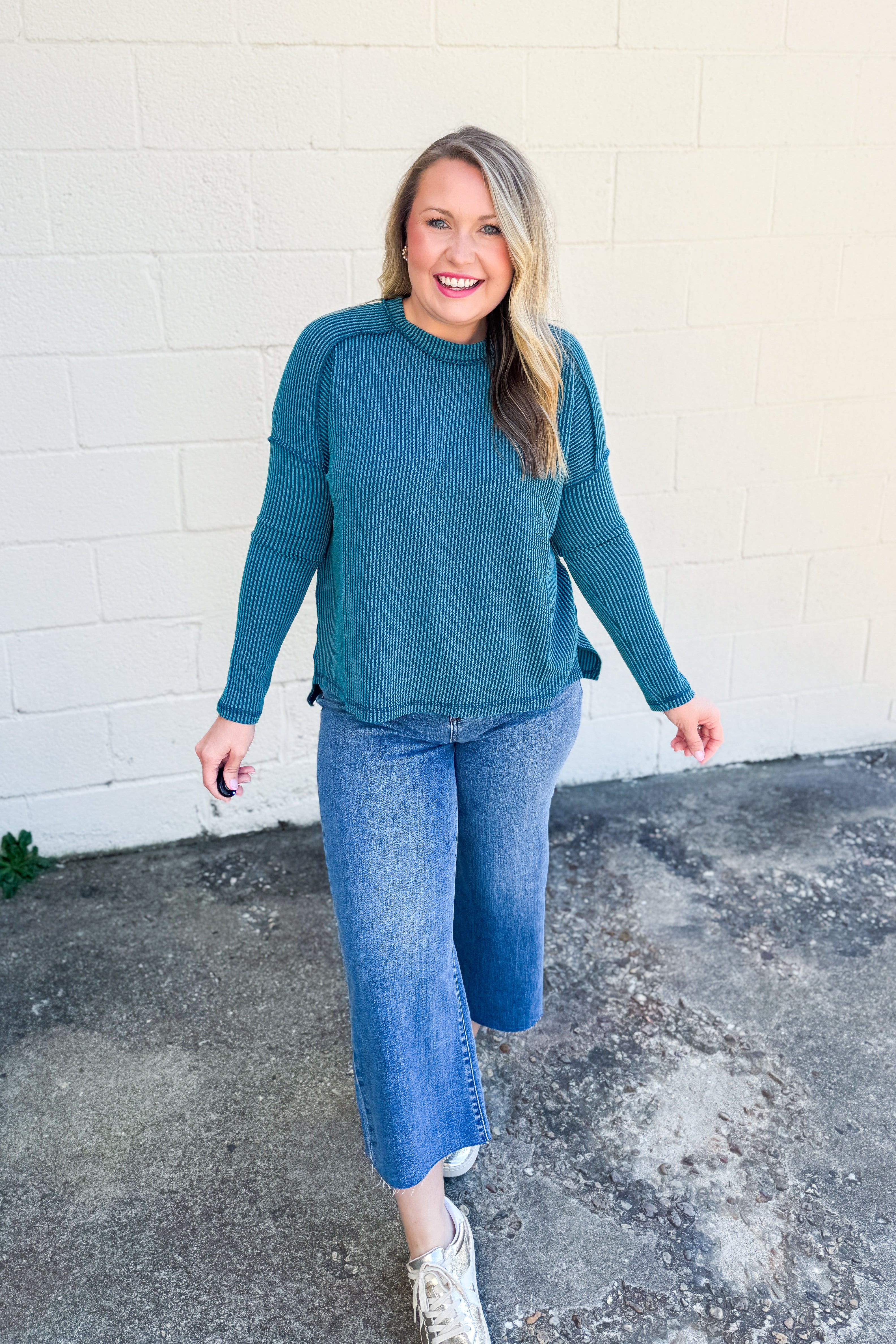 Holland Ribbed Crew Neck Top, Teal