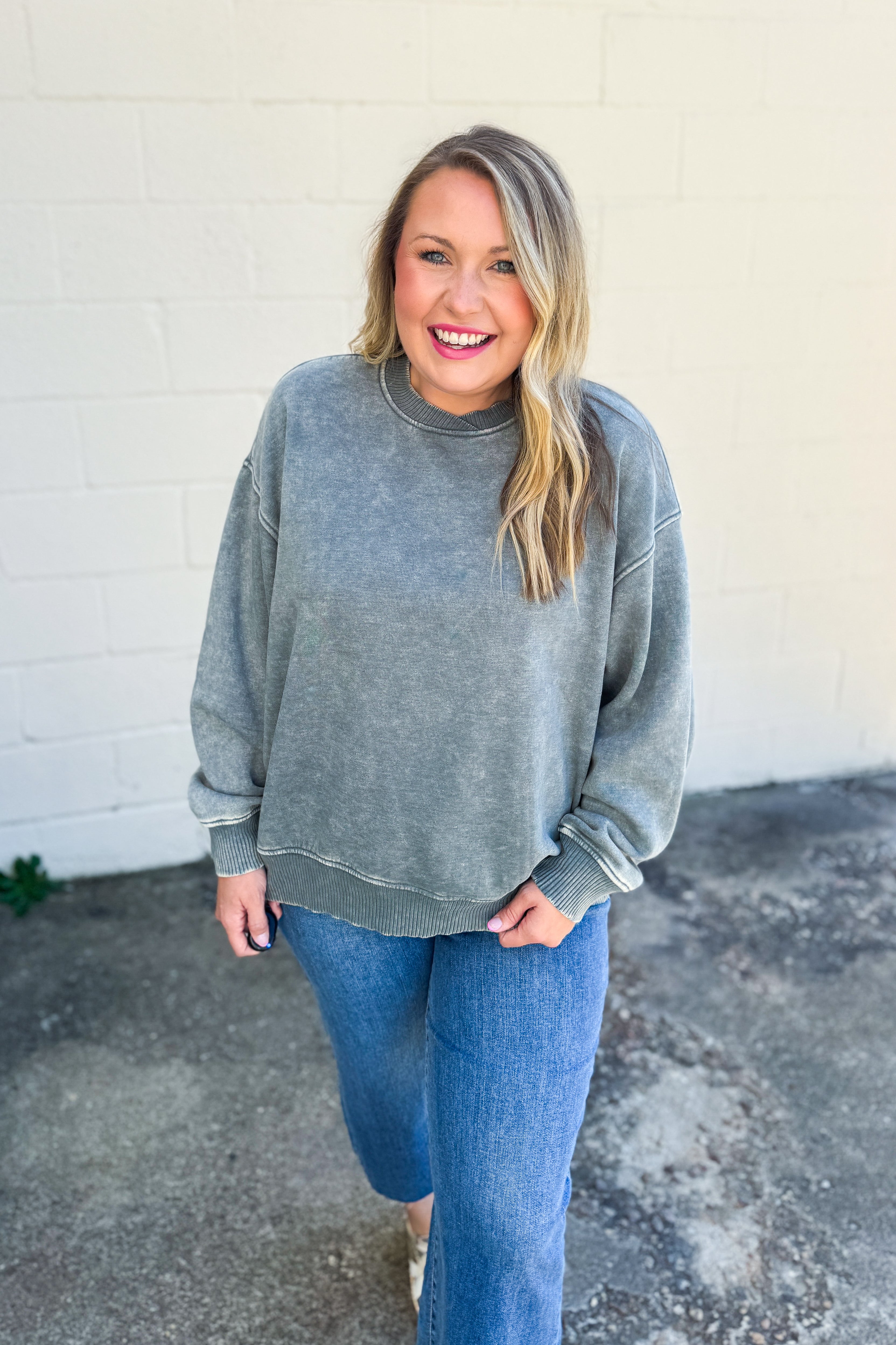 Not Like Us Pullover Crewneck Top, Ash Jade