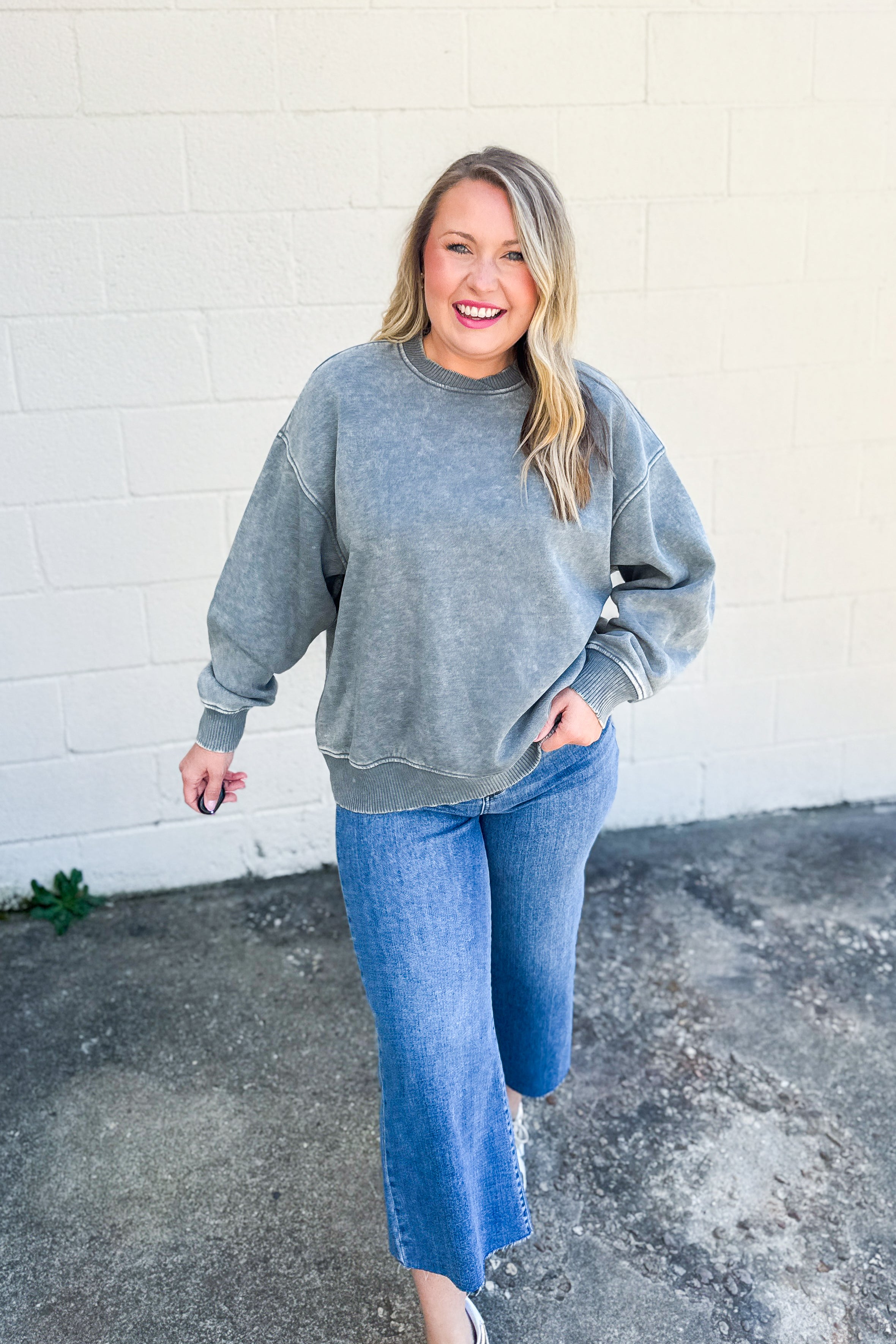 Not Like Us Pullover Crewneck Top, Ash Jade