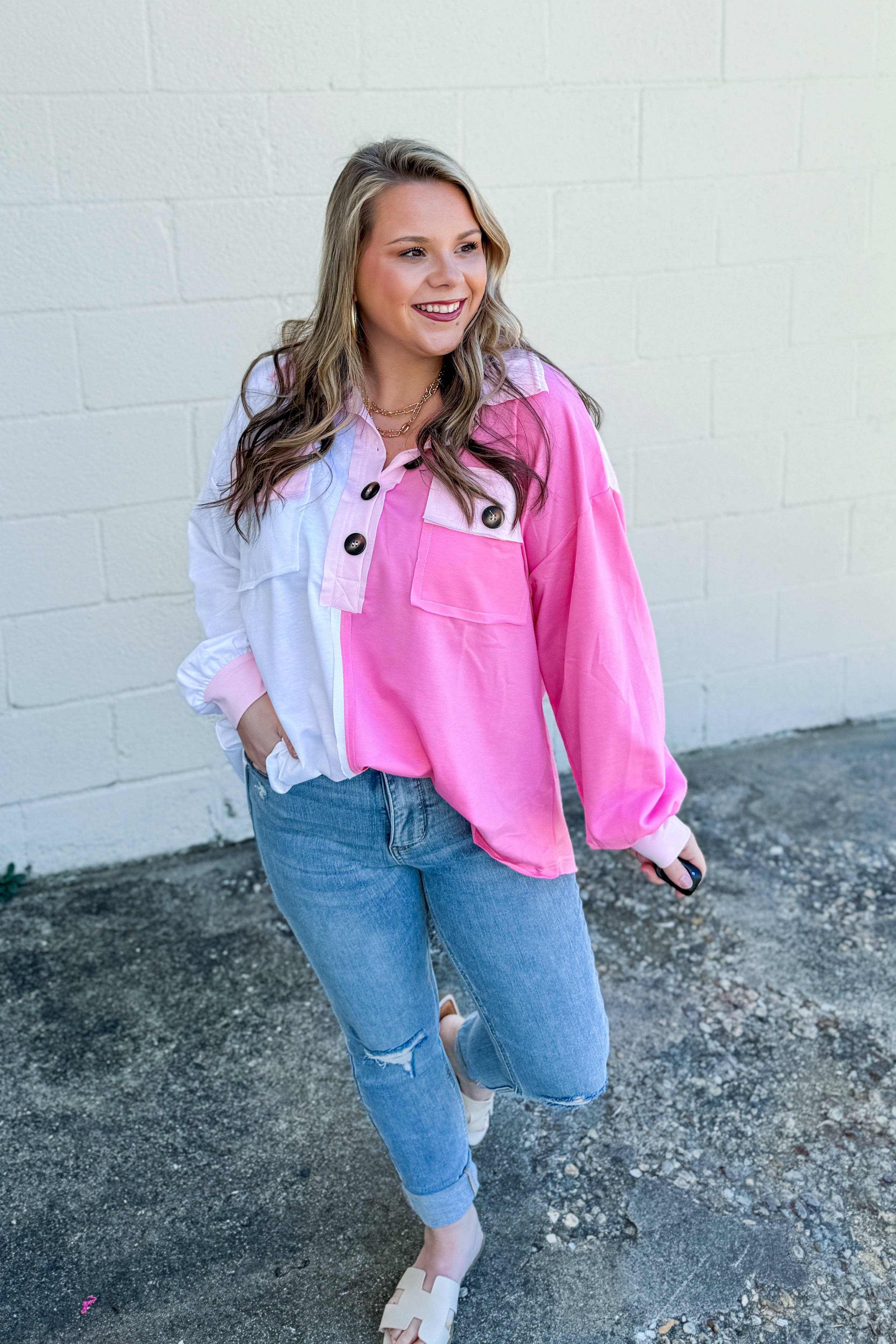 Wandering Free Color Block Top, Pink/White