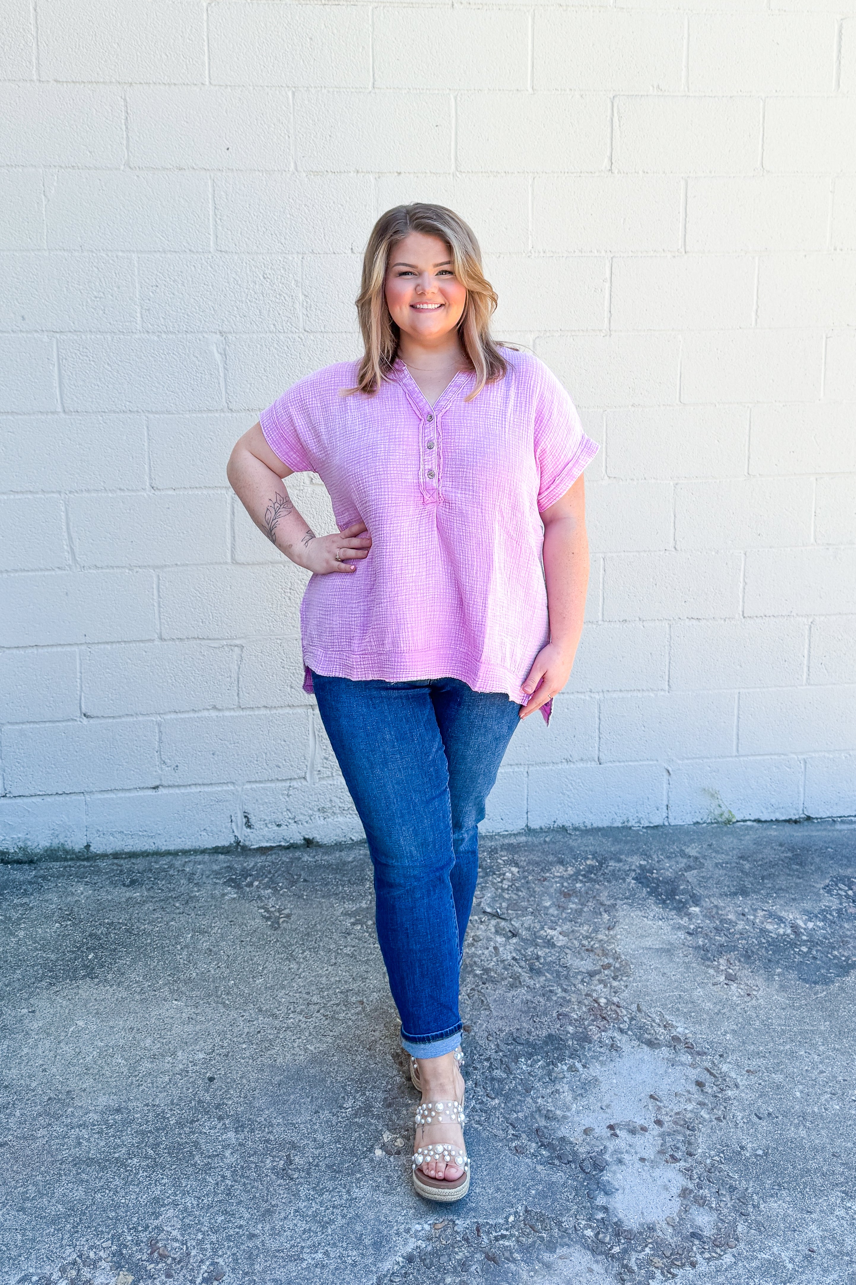 Miranda Gauze Button Henley Top, Mauve