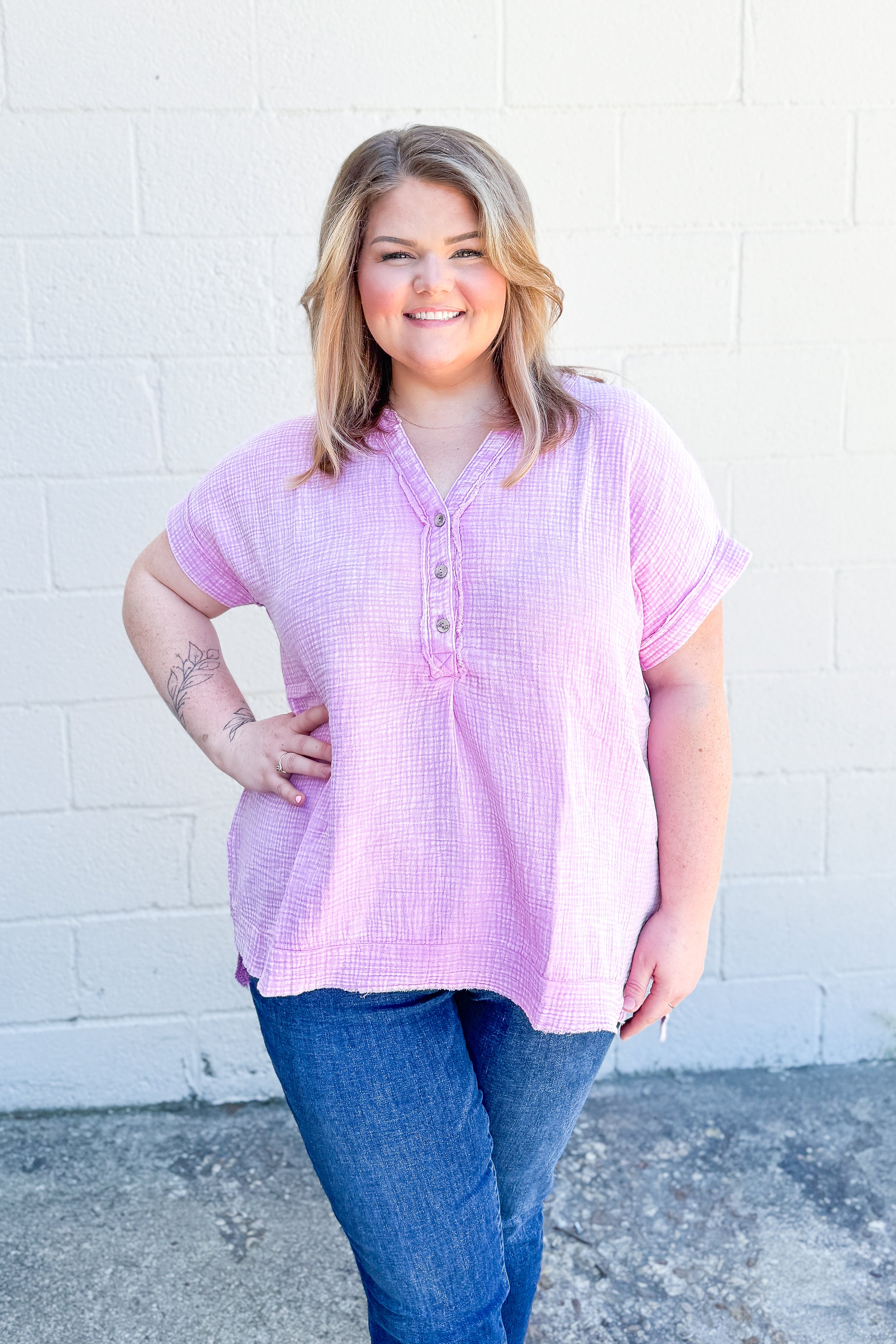 Miranda Gauze Button Henley Top, Mauve