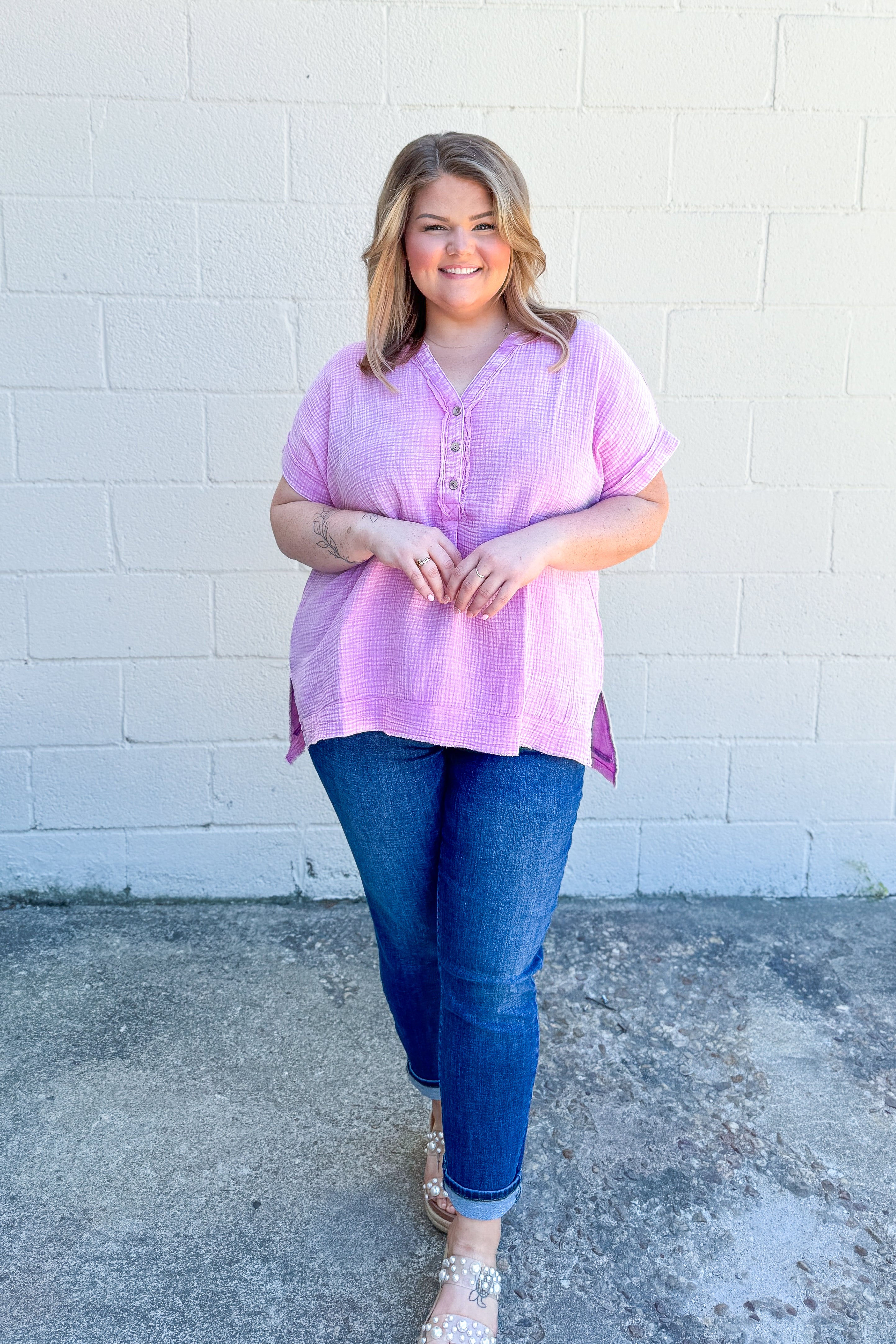 Miranda Gauze Button Henley Top, Mauve