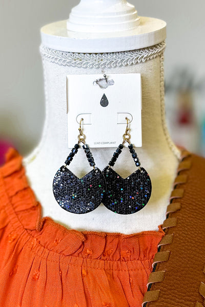 Glitter Semicircle Drop Earrings, Black