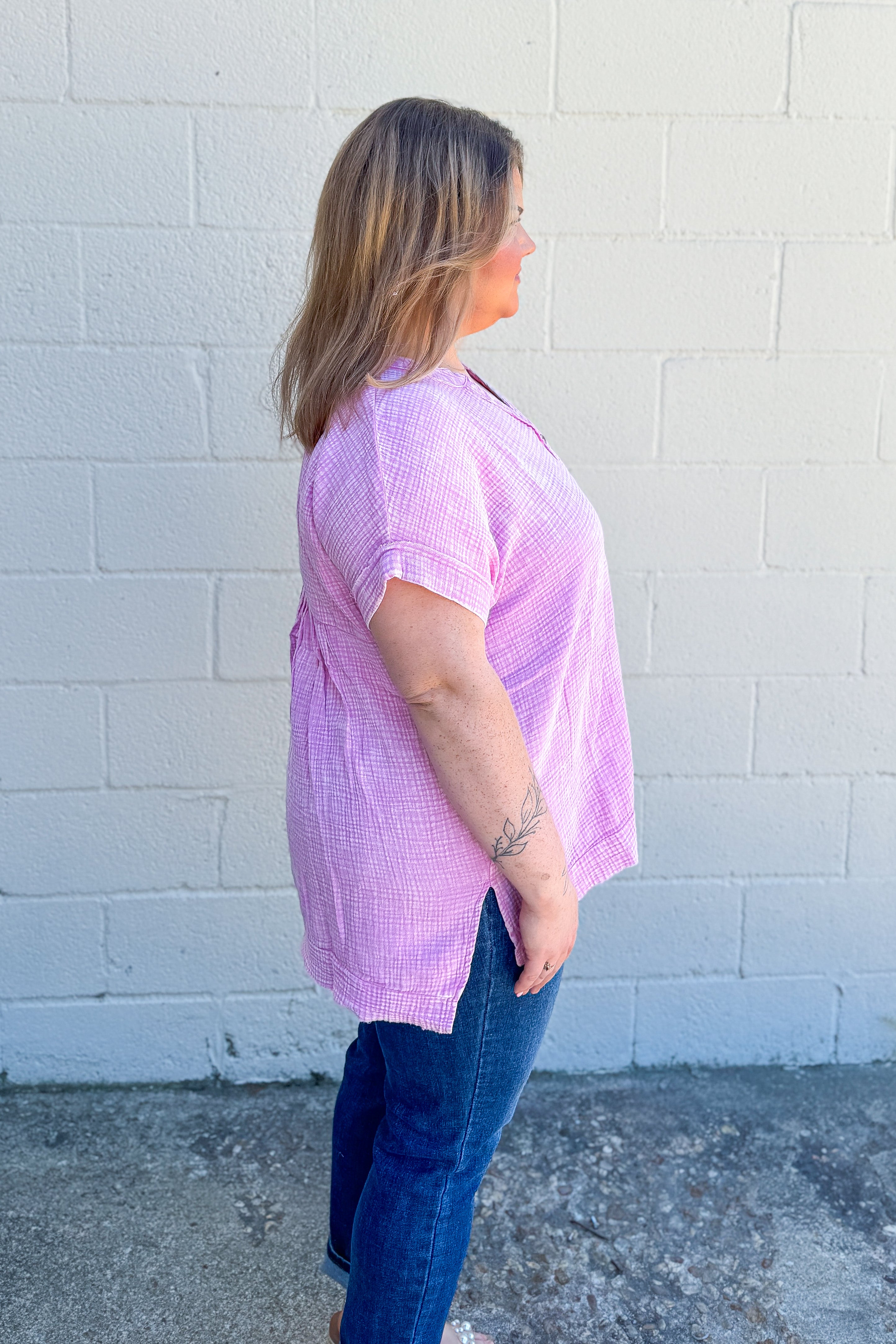 Miranda Gauze Button Henley Top, Mauve