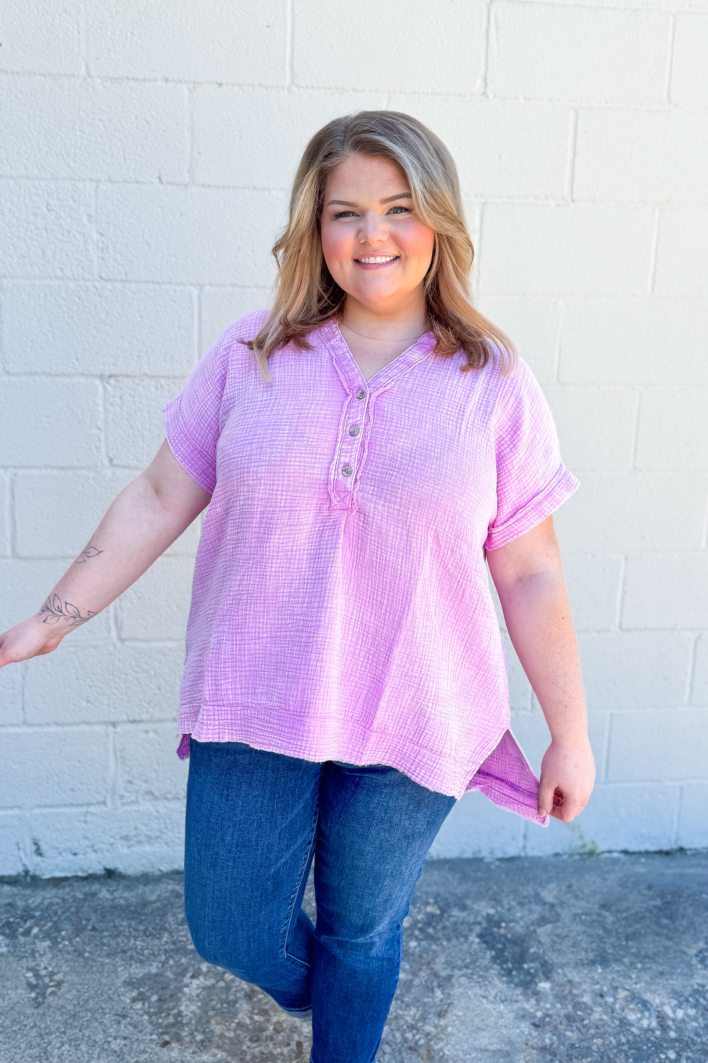 Miranda Gauze Button Henley Top, Mauve