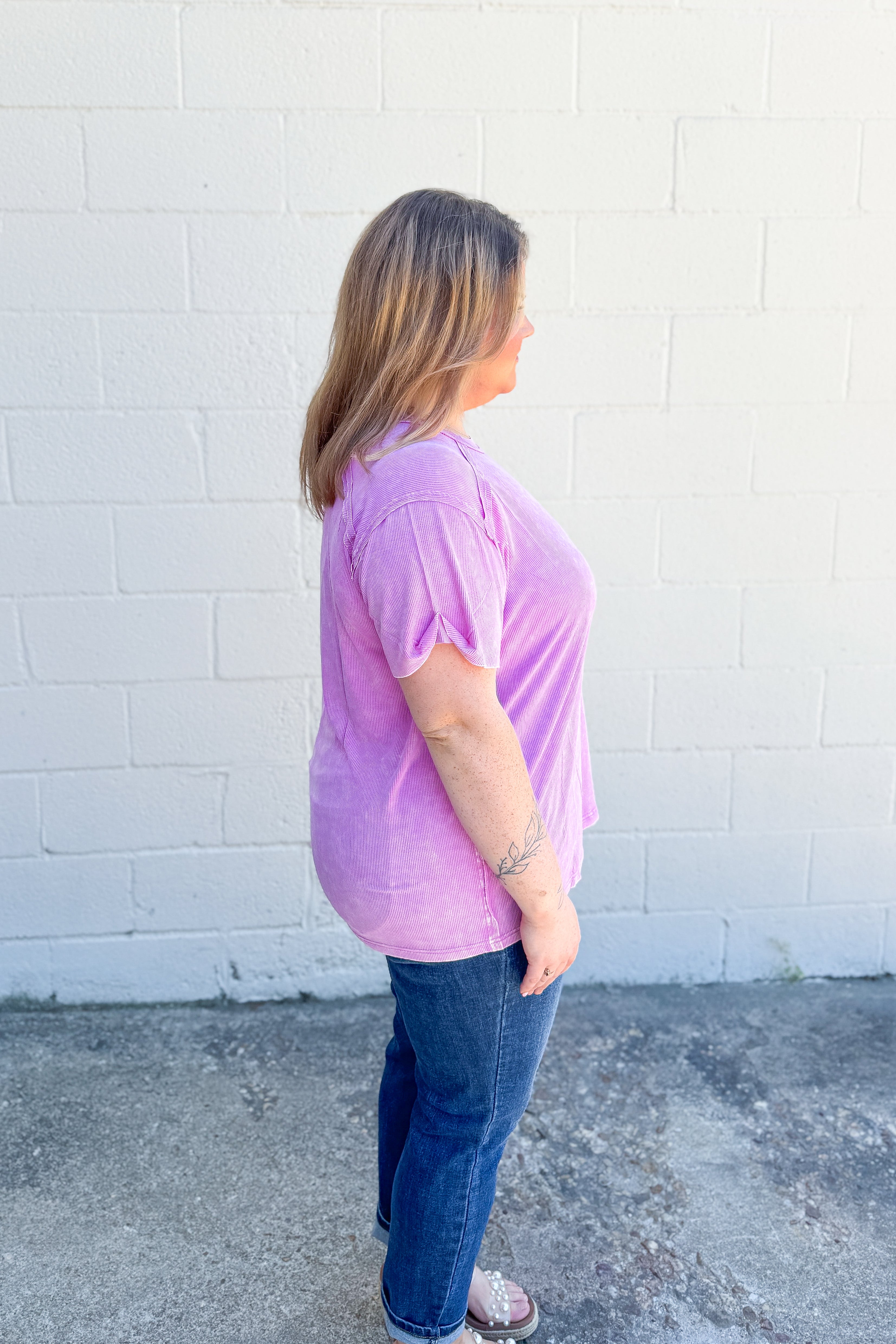 Heather Washed Ribbed Boat-Neck Top, Bright Mauve