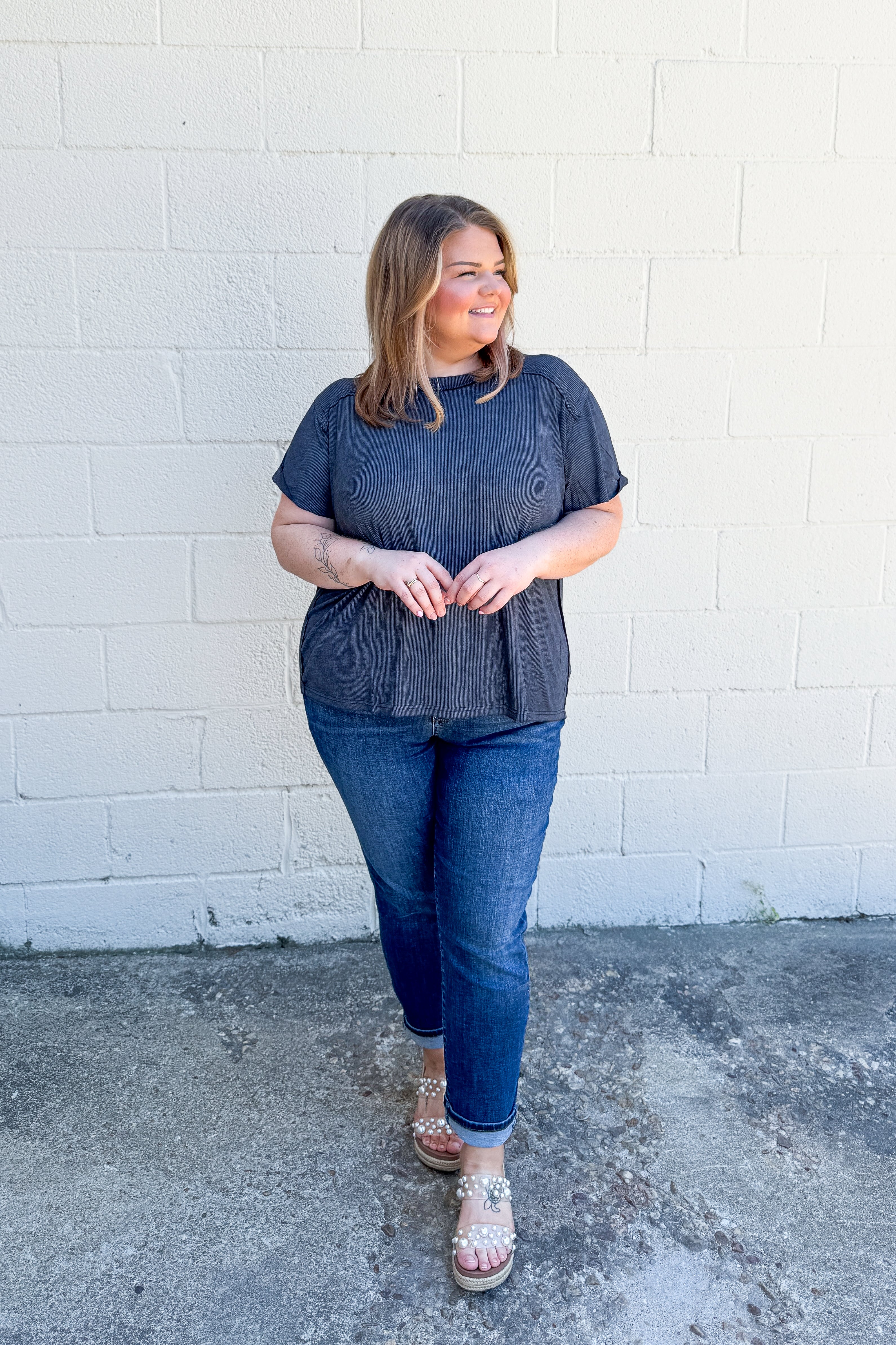 Heather Washed Ribbed Boat-Neck Top, Ash Black