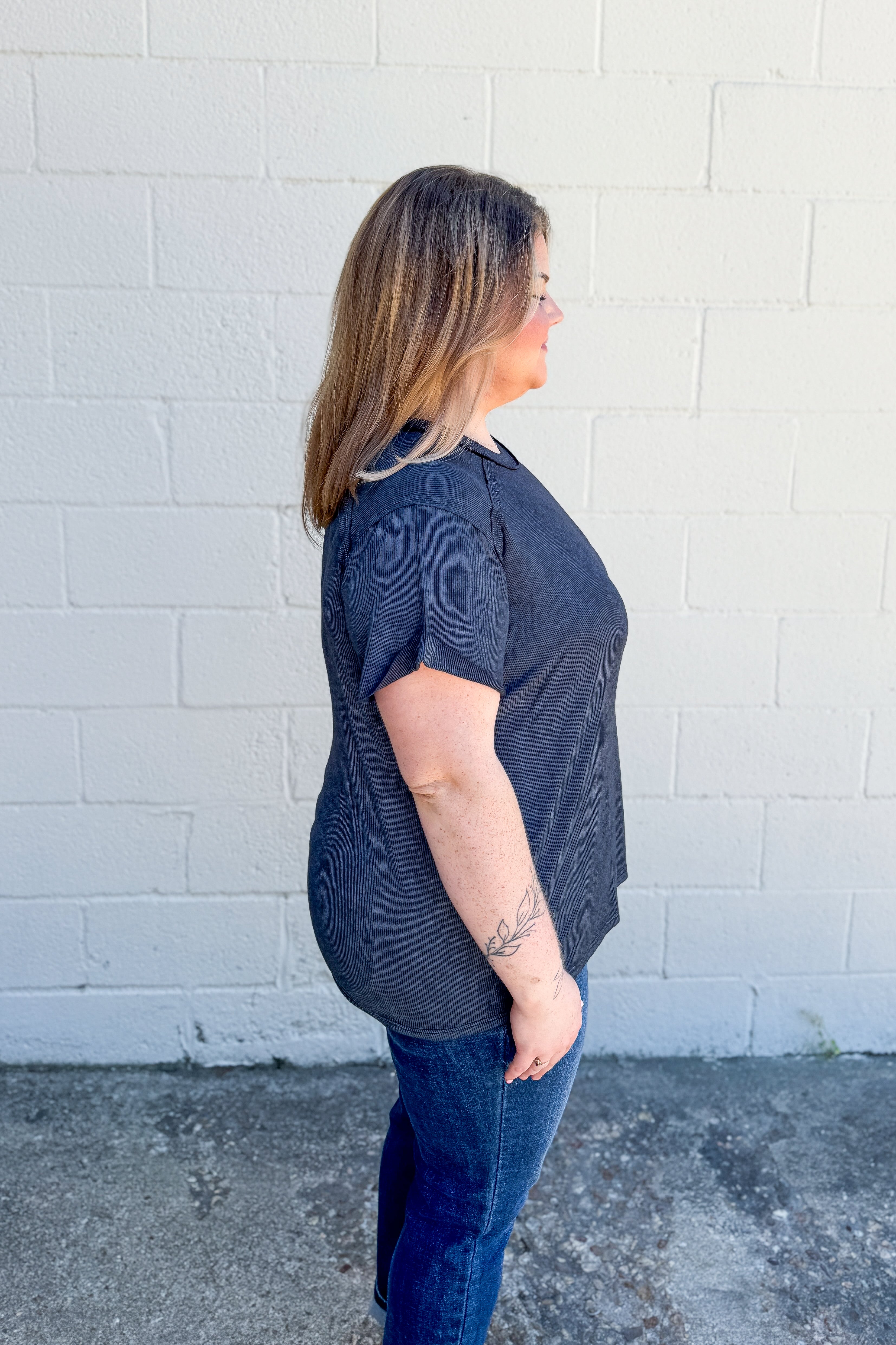 Heather Washed Ribbed Boat-Neck Top, Ash Black