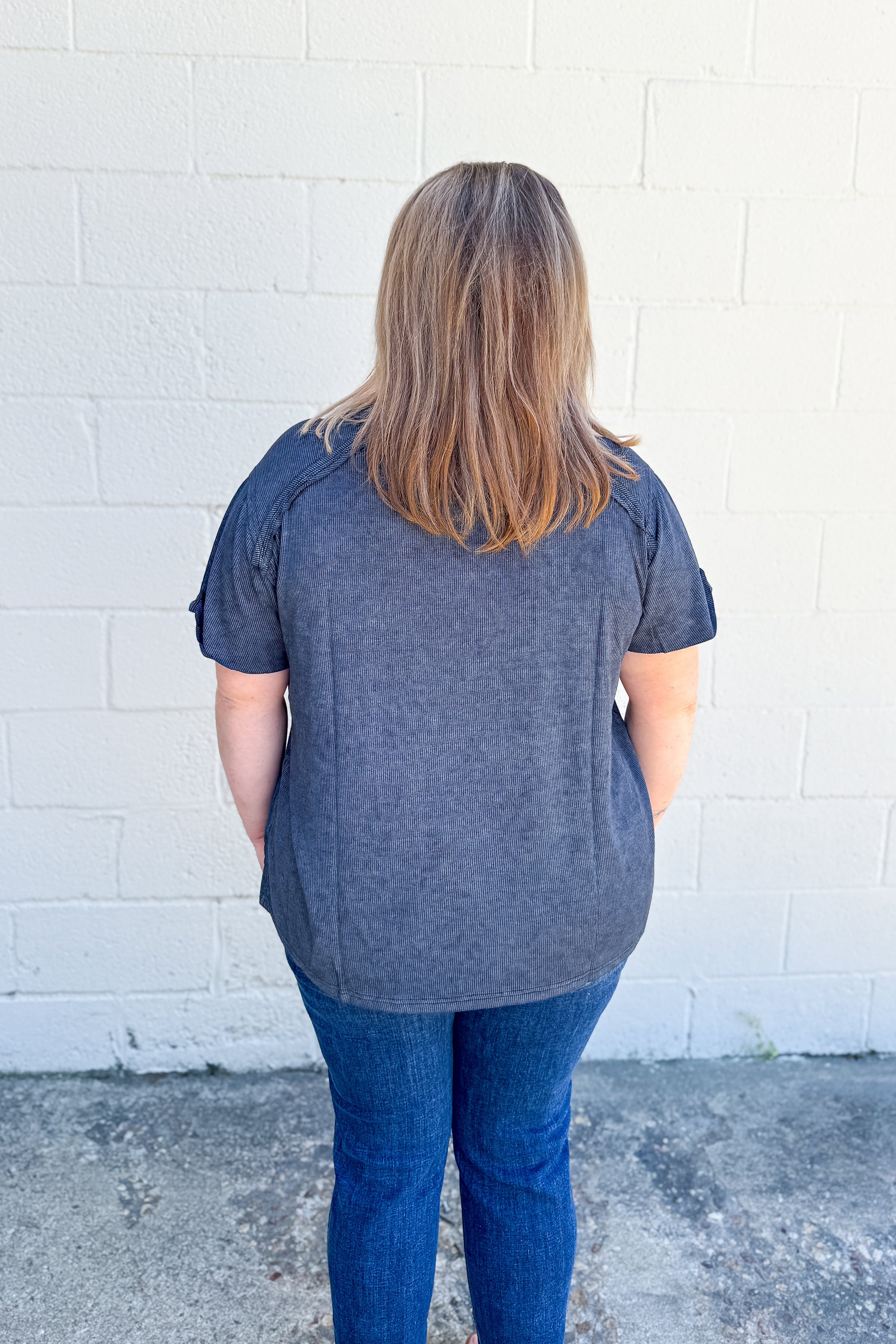 Heather Washed Ribbed Boat-Neck Top, Ash Black