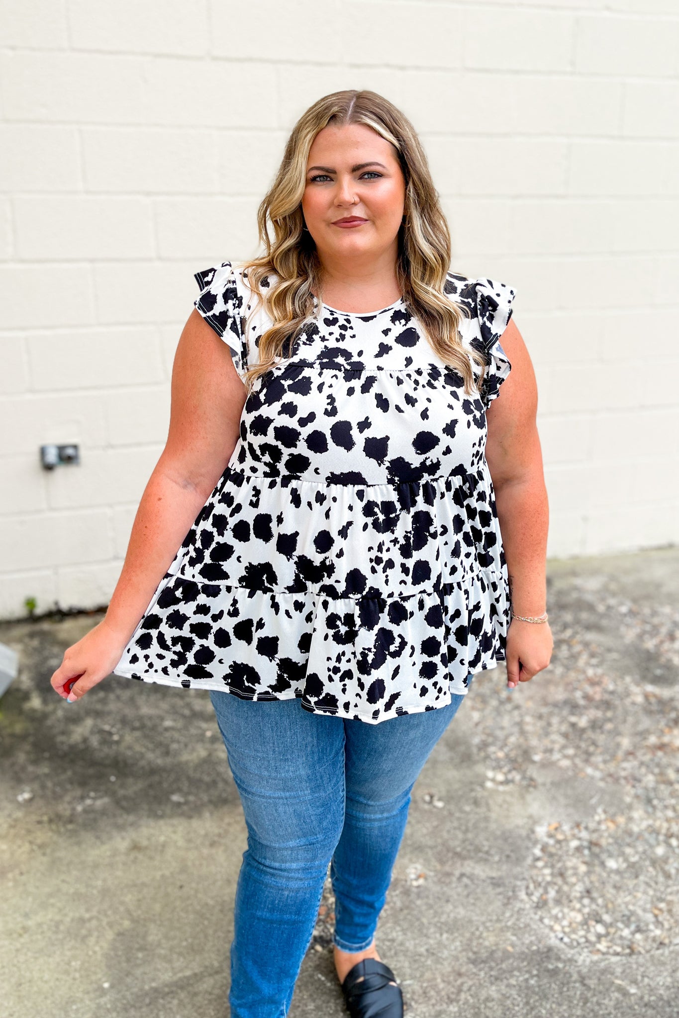 Print In Motion Spotted Tiered Top, Ivory/Black