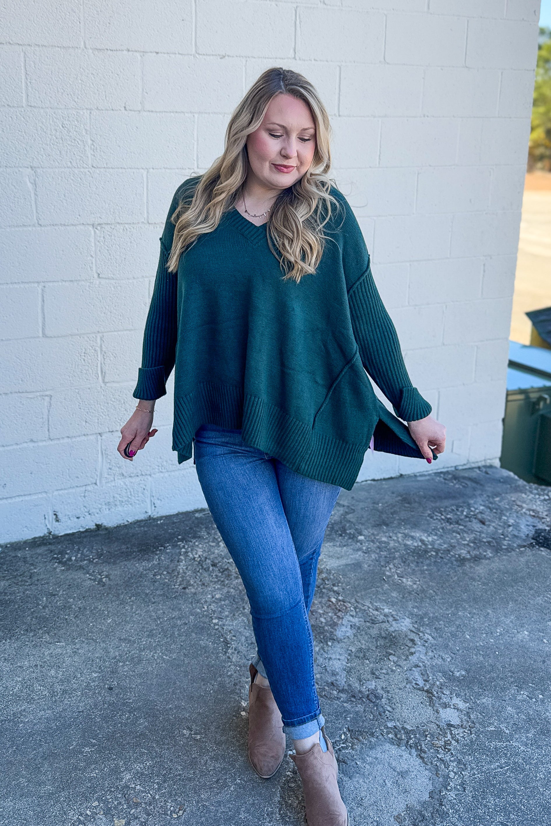 One And Only V-Neck Sweater Top, Hunter Green