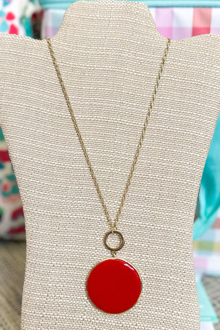Long Gold Necklace with Red Circle