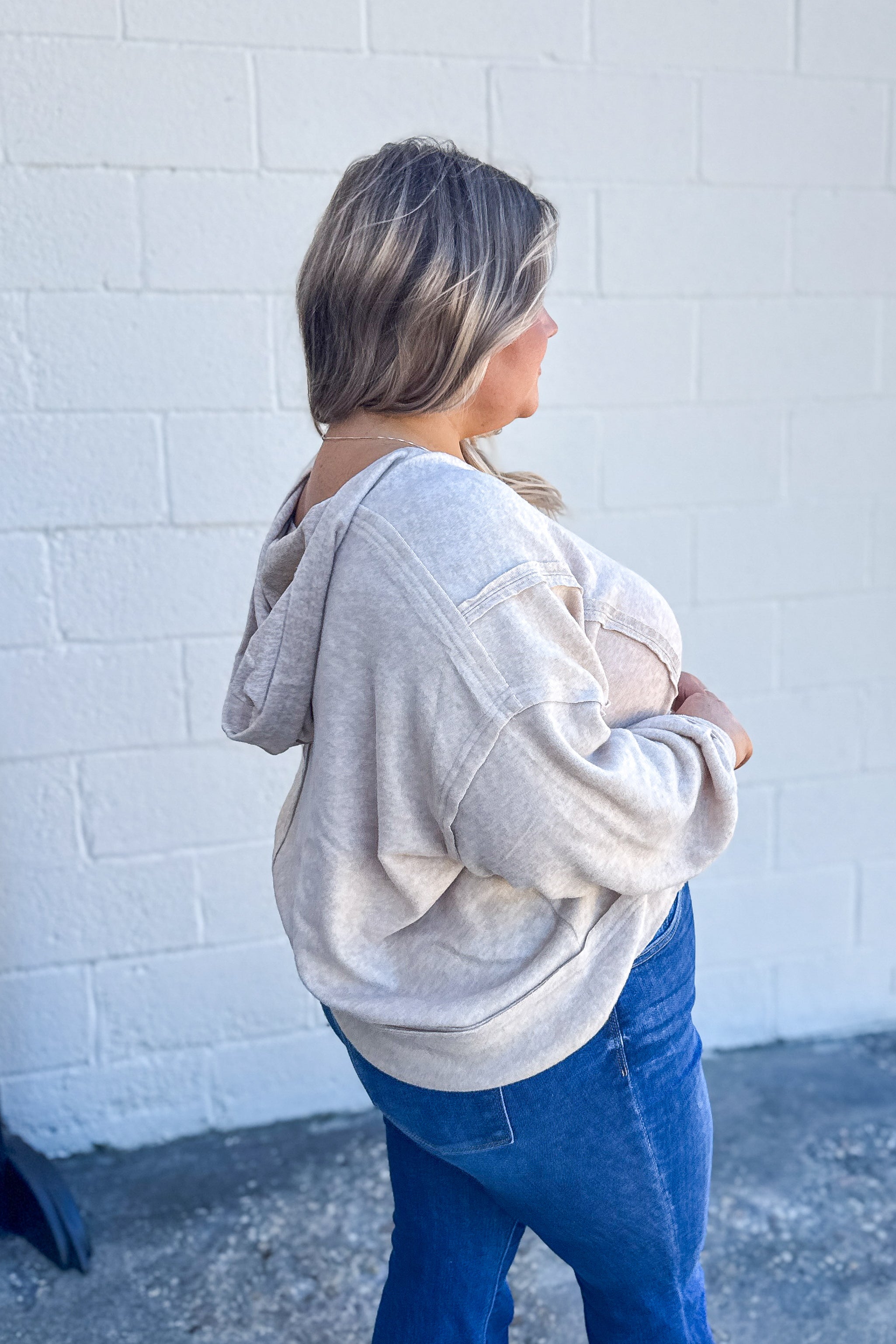 Morgan Cropped Hoodie Pullover Top, Heather Beige