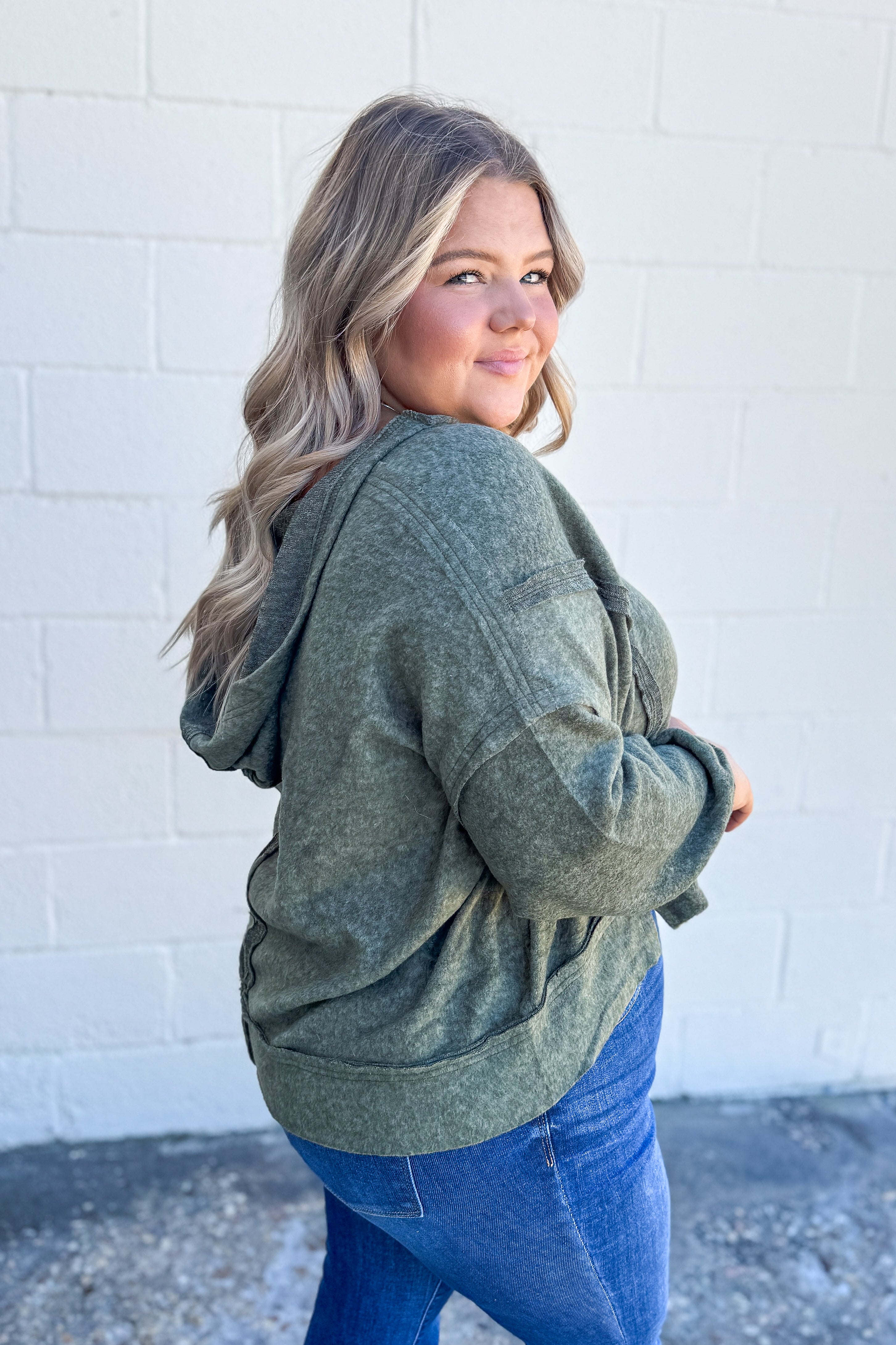 Morgan Cropped Hoodie Pullover Top, Dark Olive