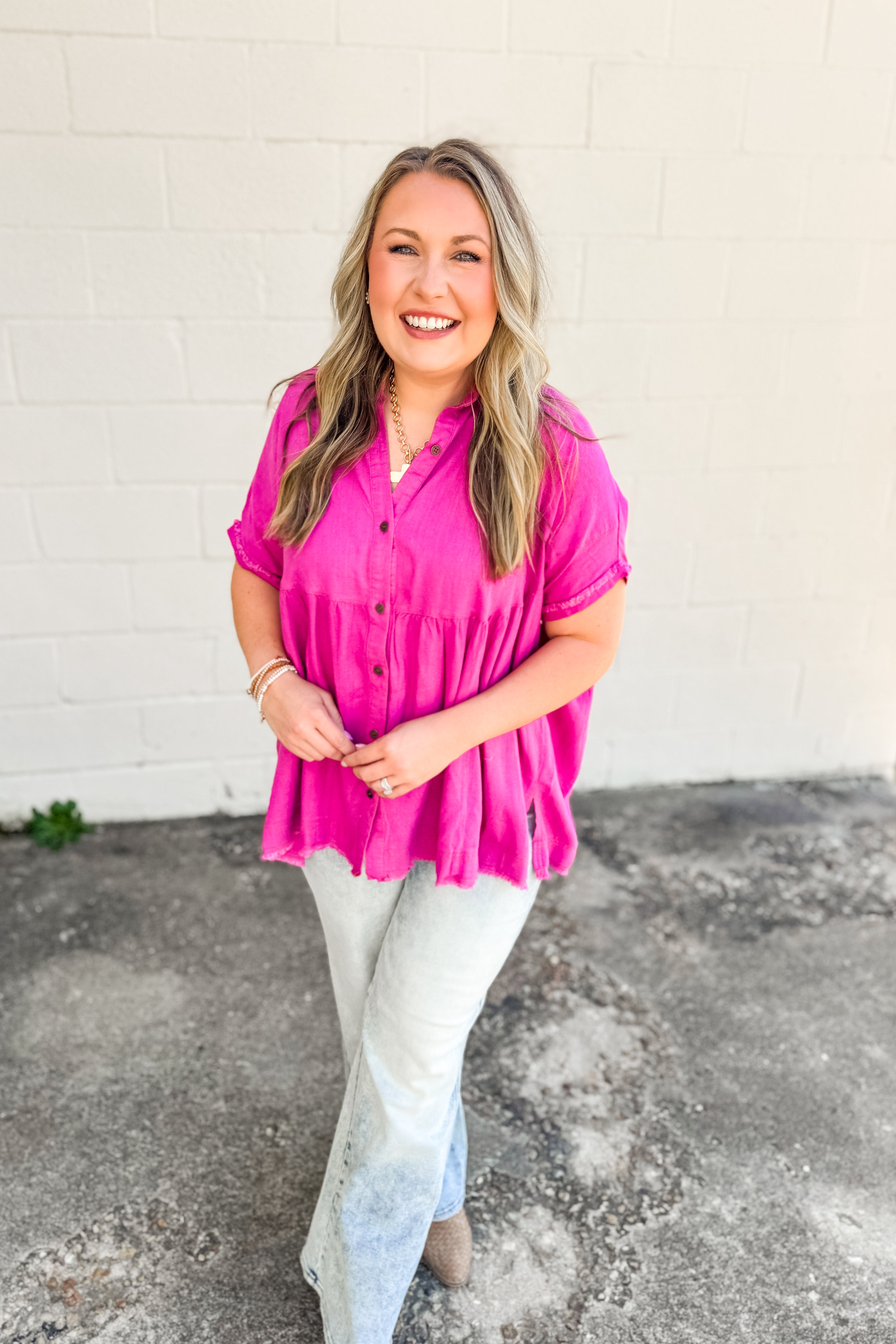 Drift Away Linen Button Top, Magenta