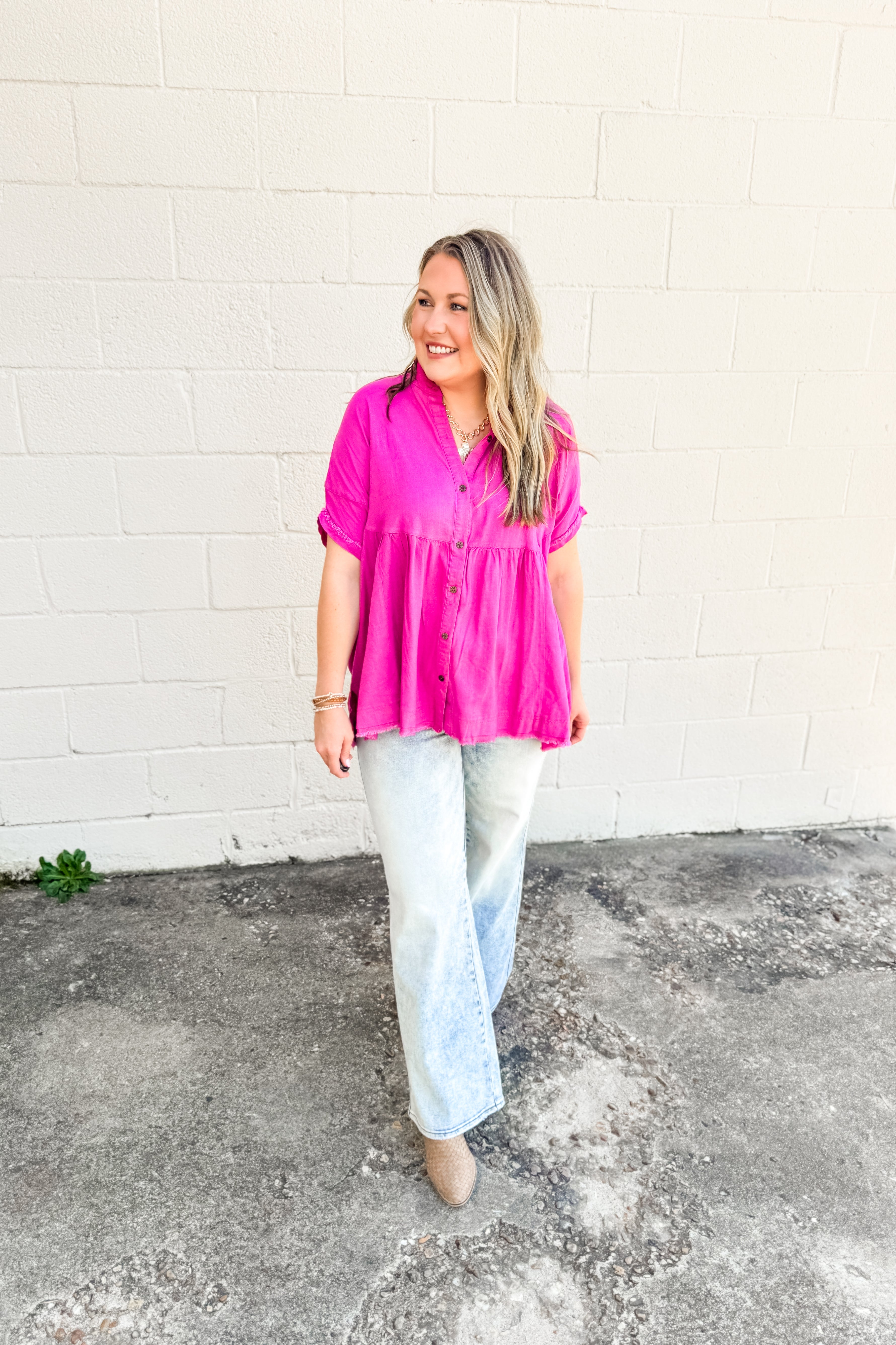 Drift Away Linen Button Top, Magenta