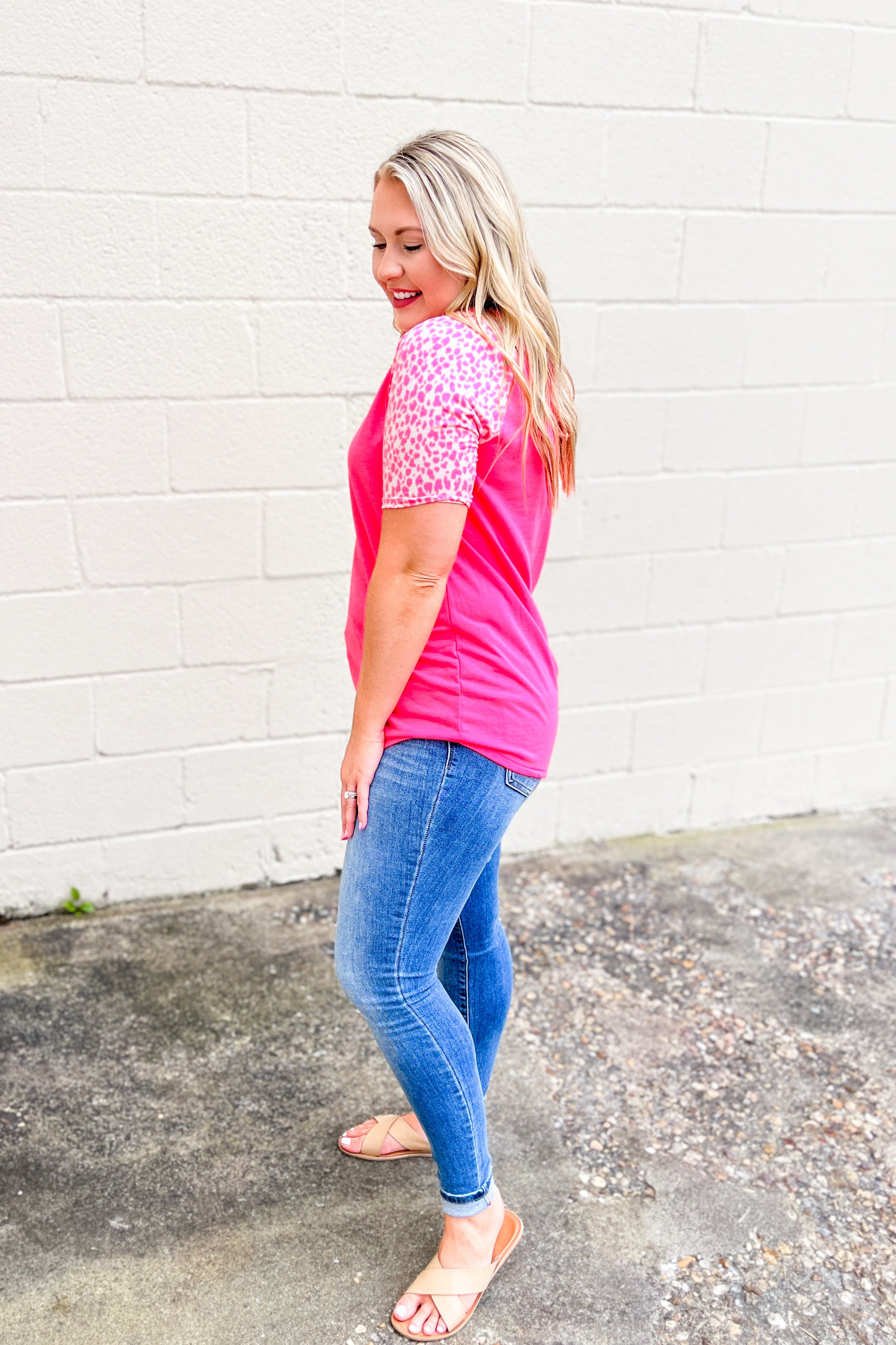 Set and Ready Spotted Sleeve Button Top, Neon Pink