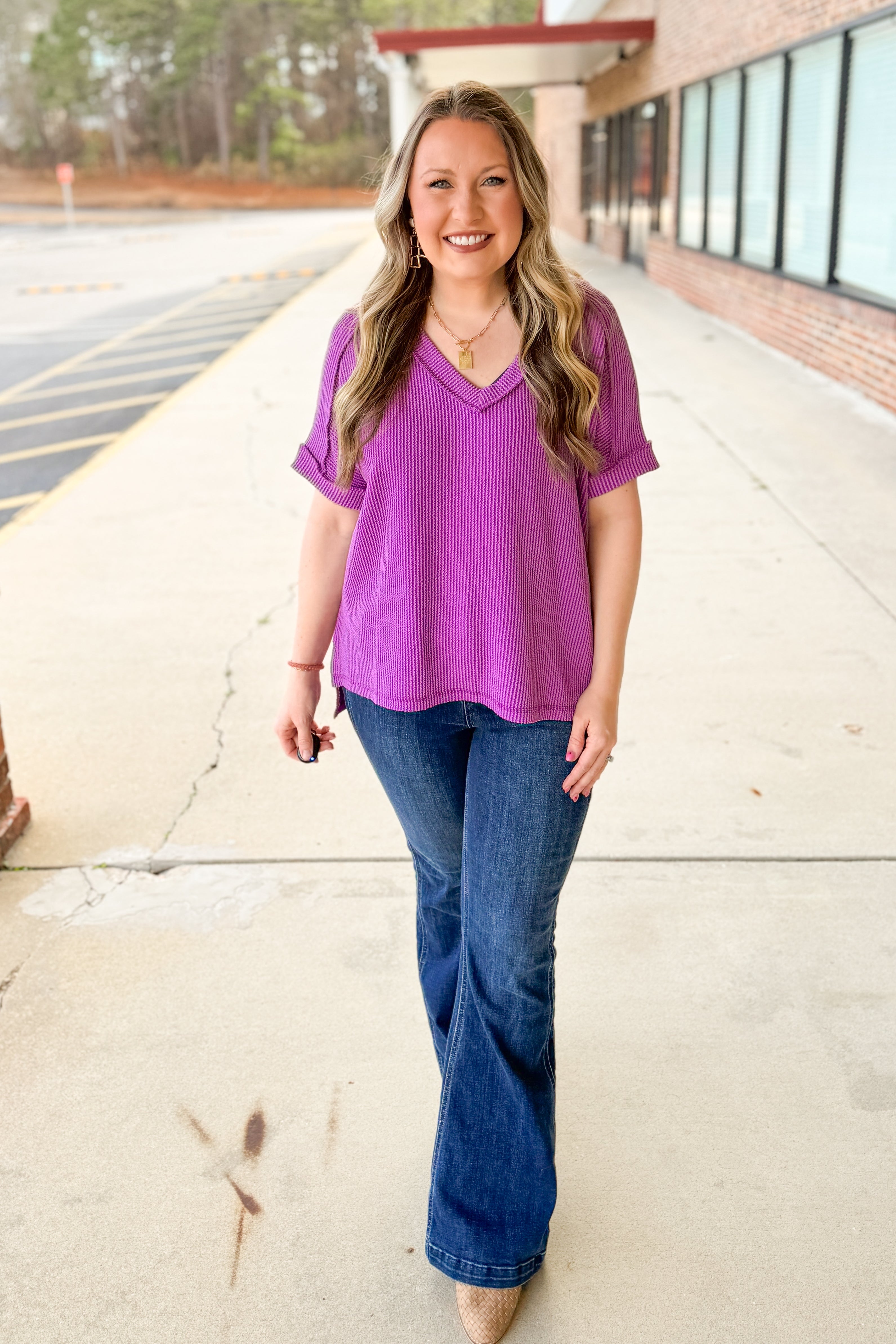 Teri V-Neck Ribbed Top, Light Plum