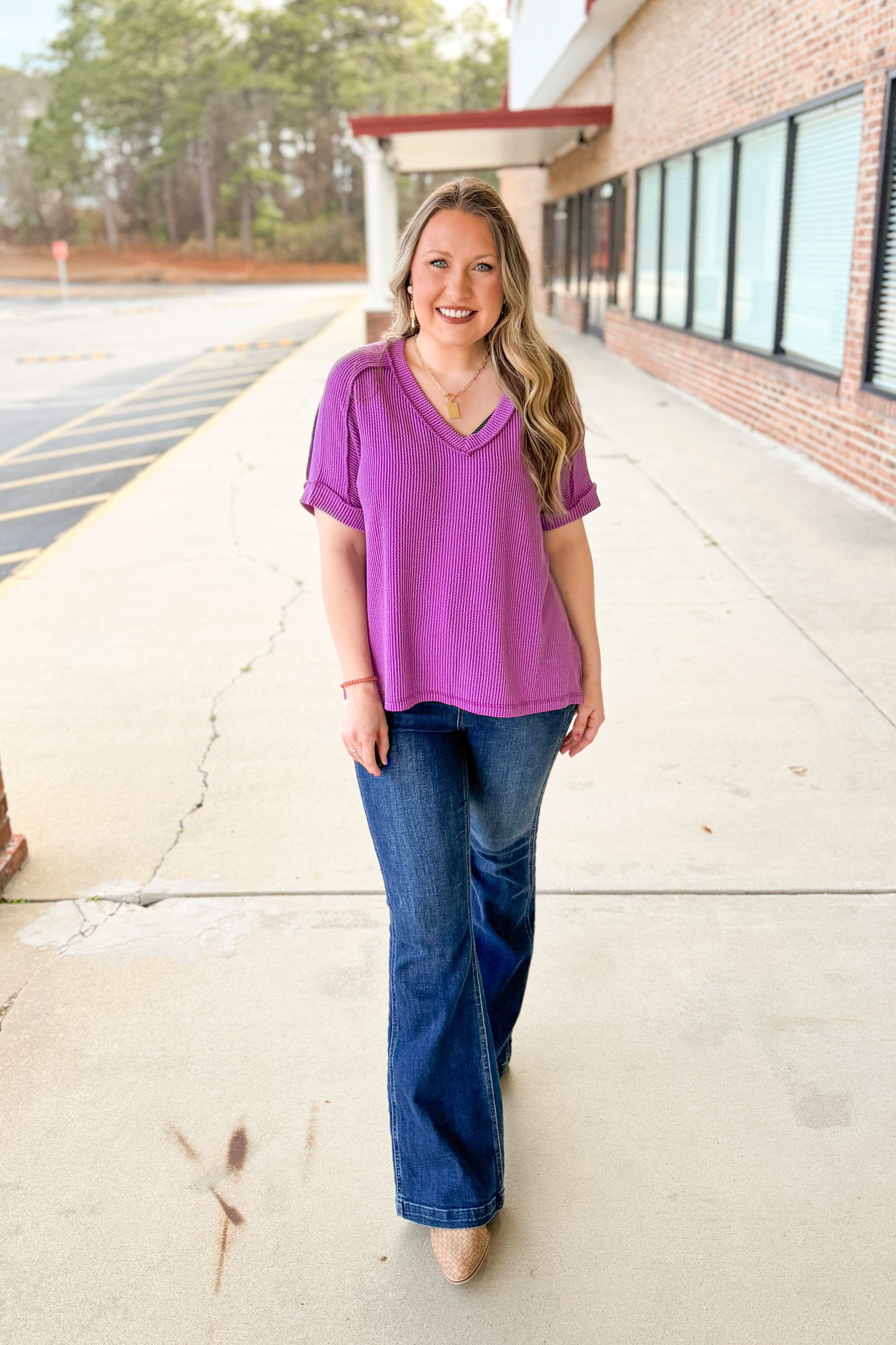 Teri V-Neck Ribbed Top, Light Plum