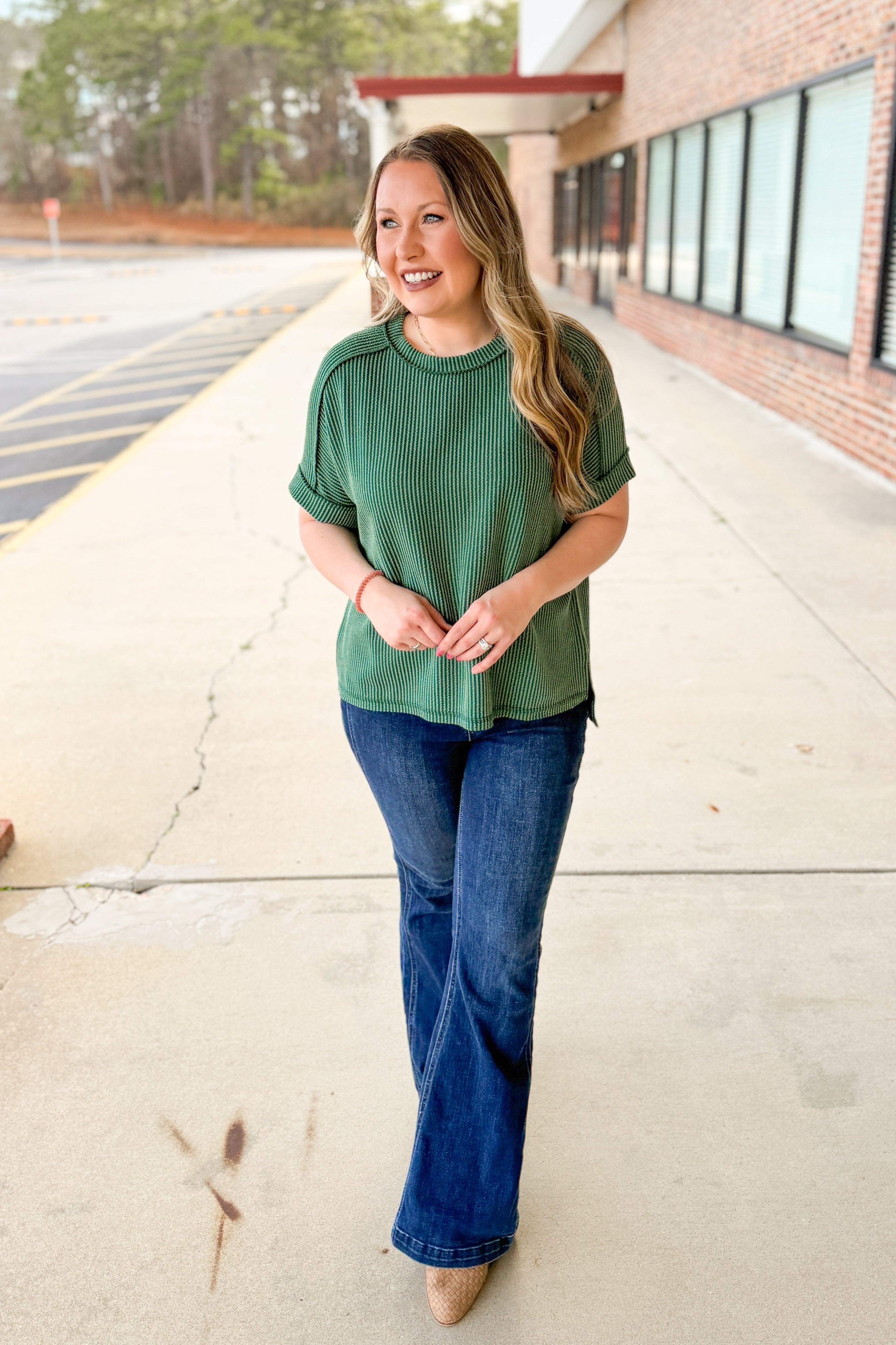 Jordan Crew Neck Ribbed Top, Hunter Green