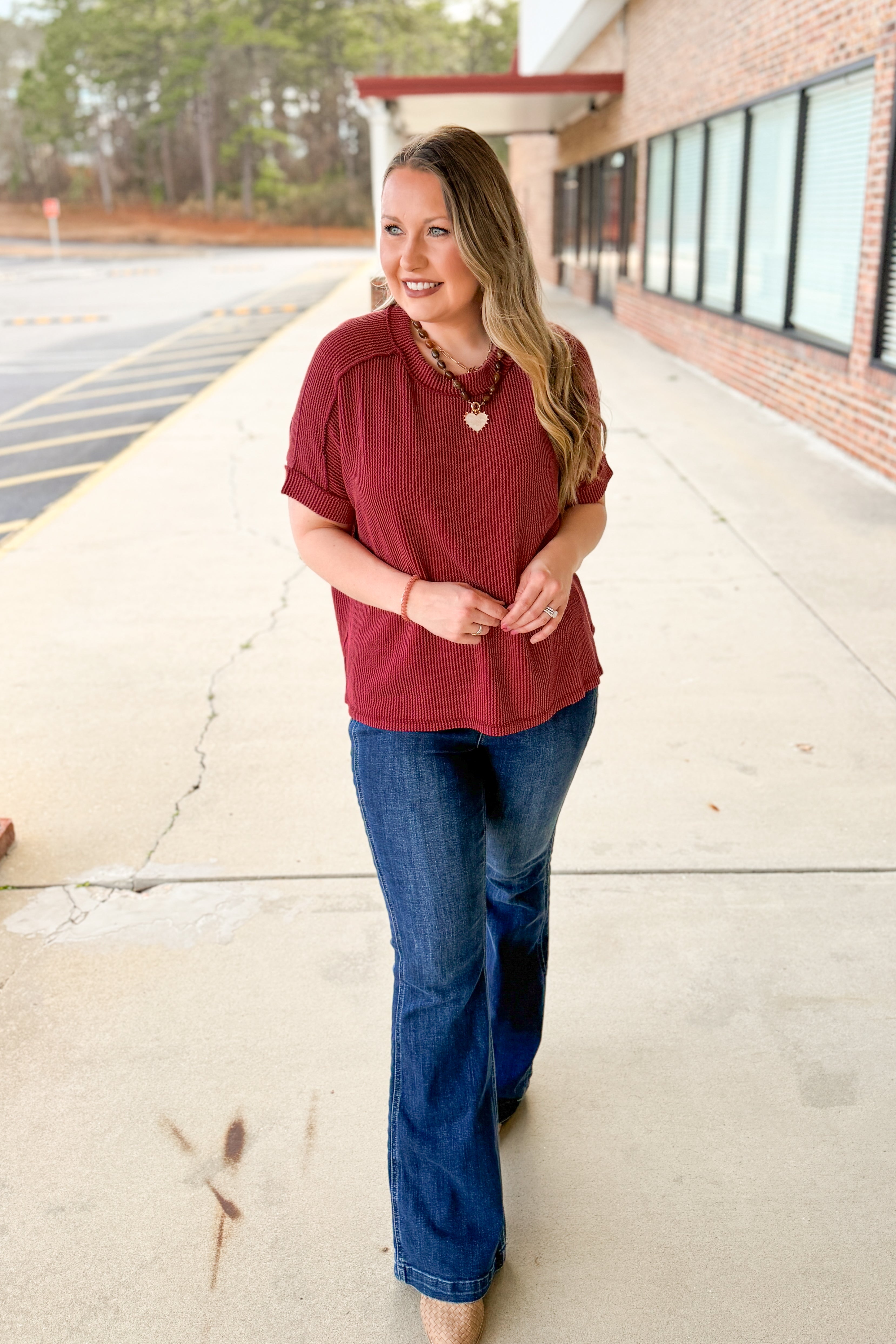 Jordan Crew Neck Ribbed Top, Burgundy