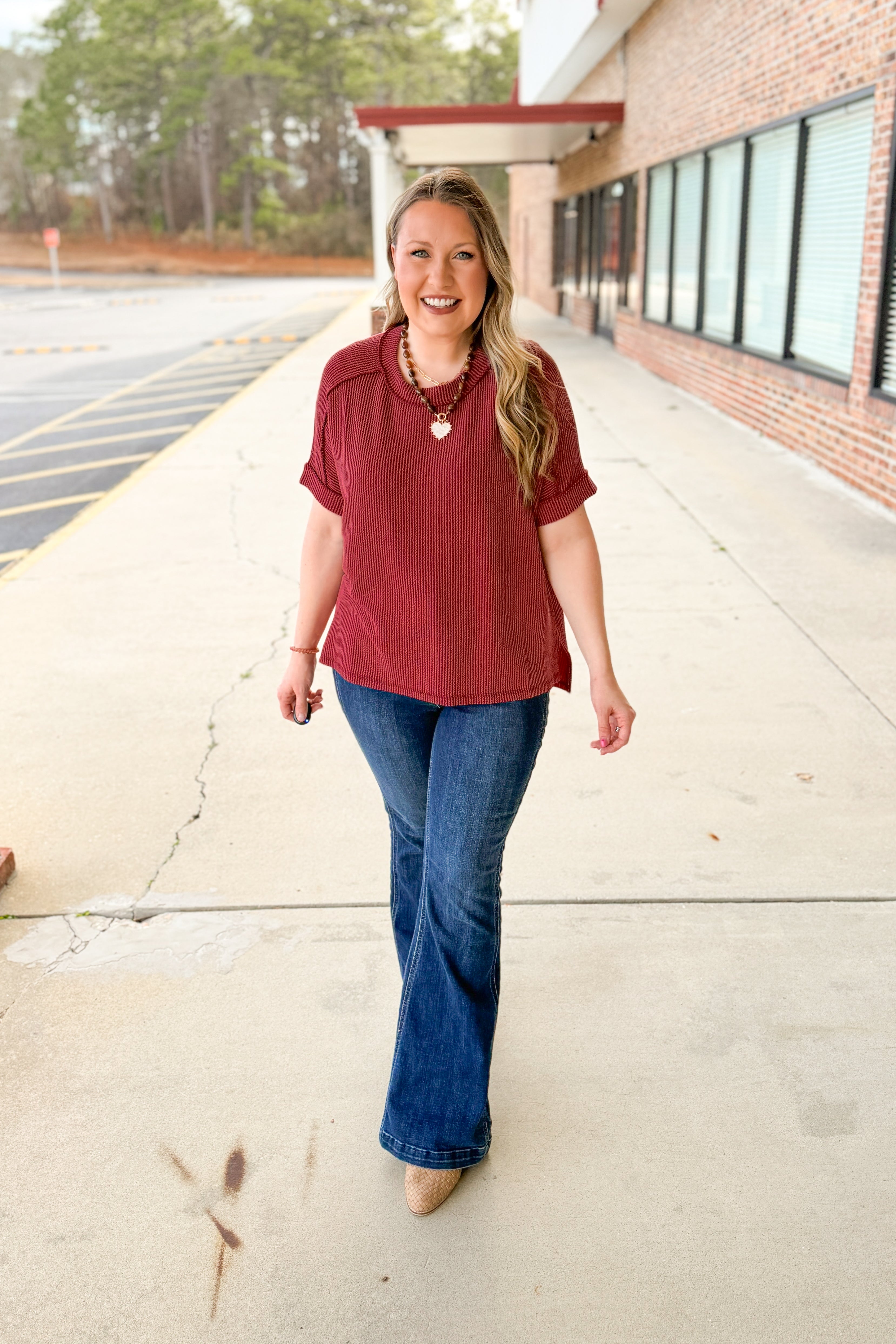 Jordan Crew Neck Ribbed Top, Burgundy