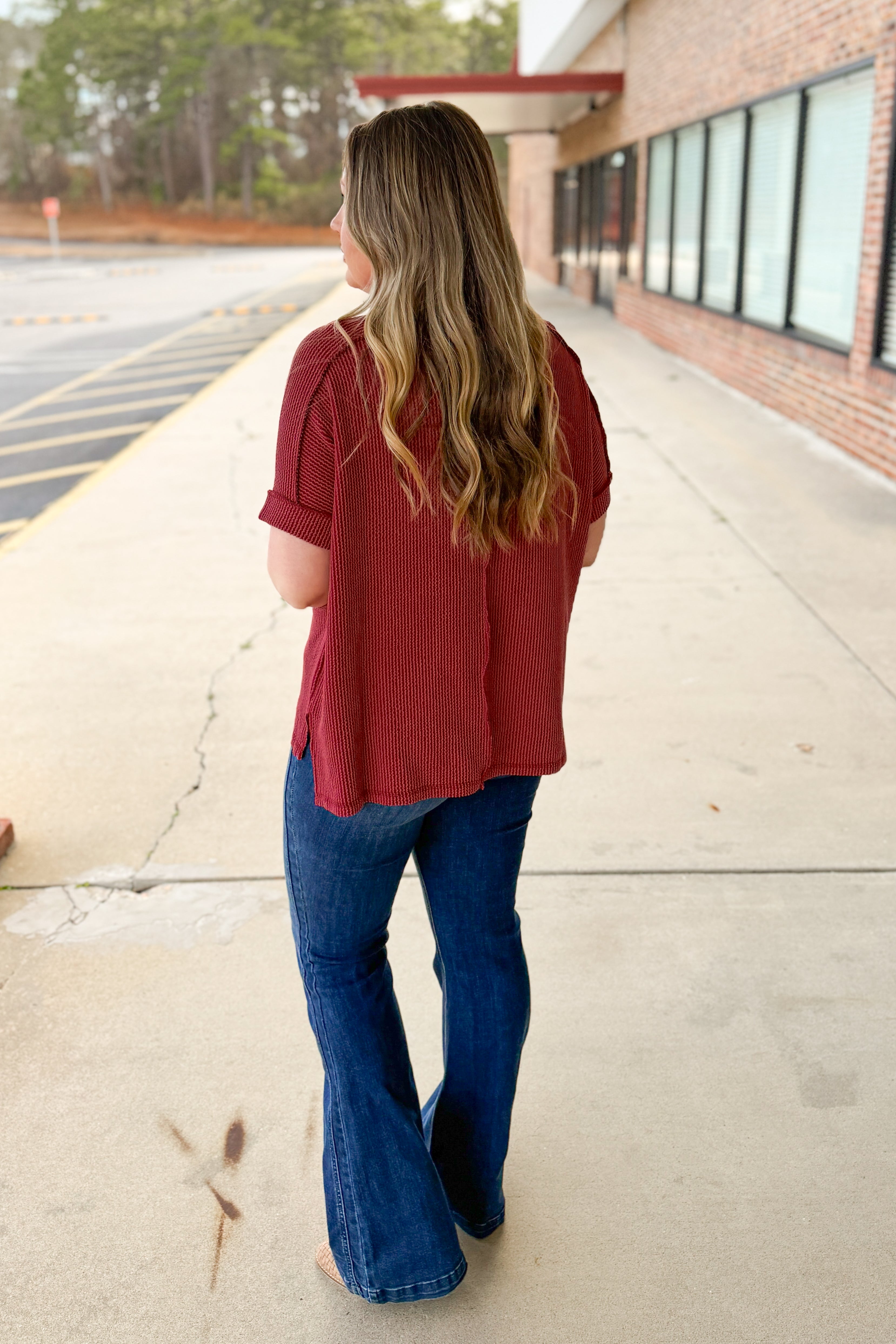 Jordan Crew Neck Ribbed Top, Burgundy