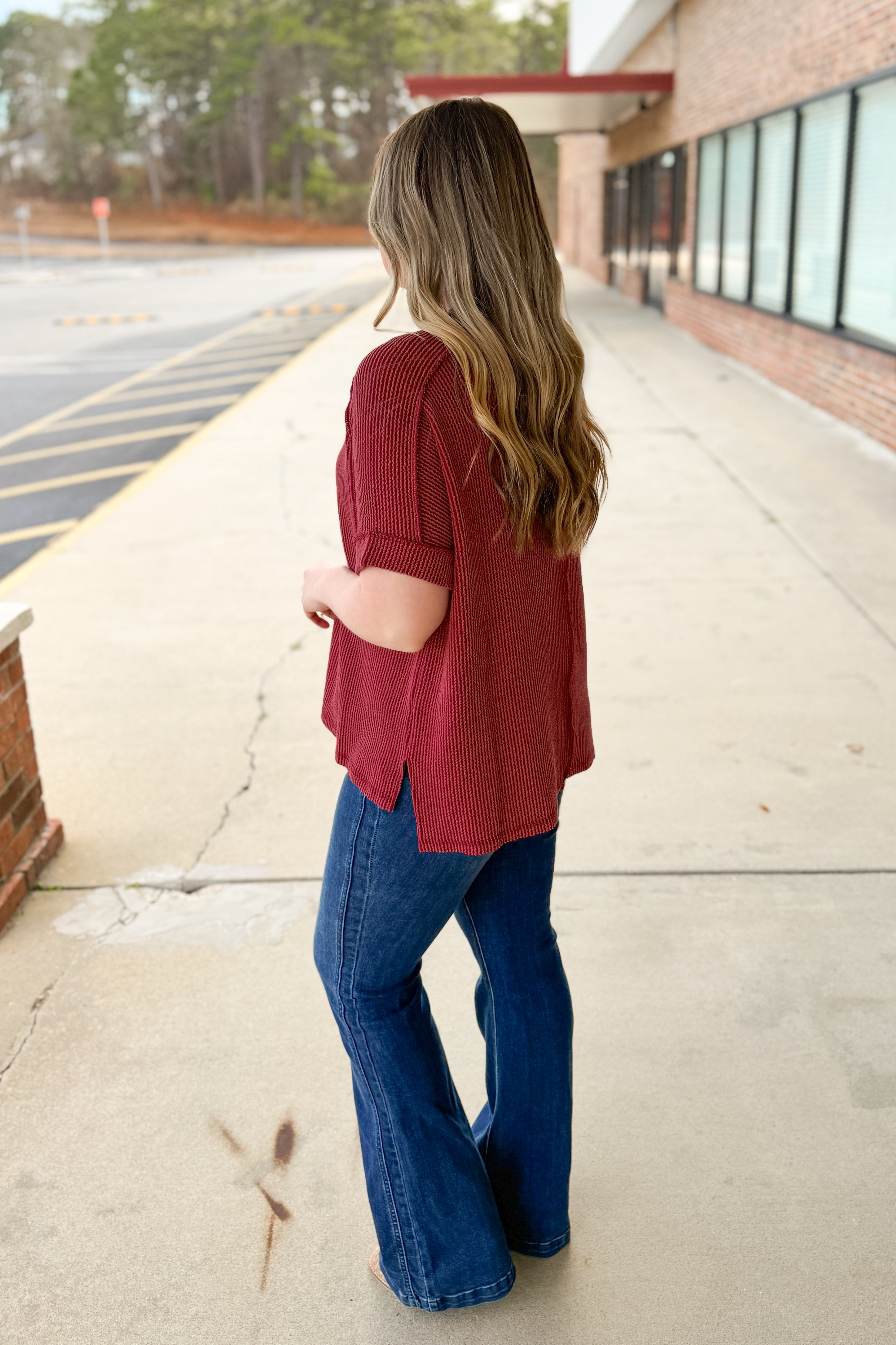 Jordan Crew Neck Ribbed Top, Burgundy