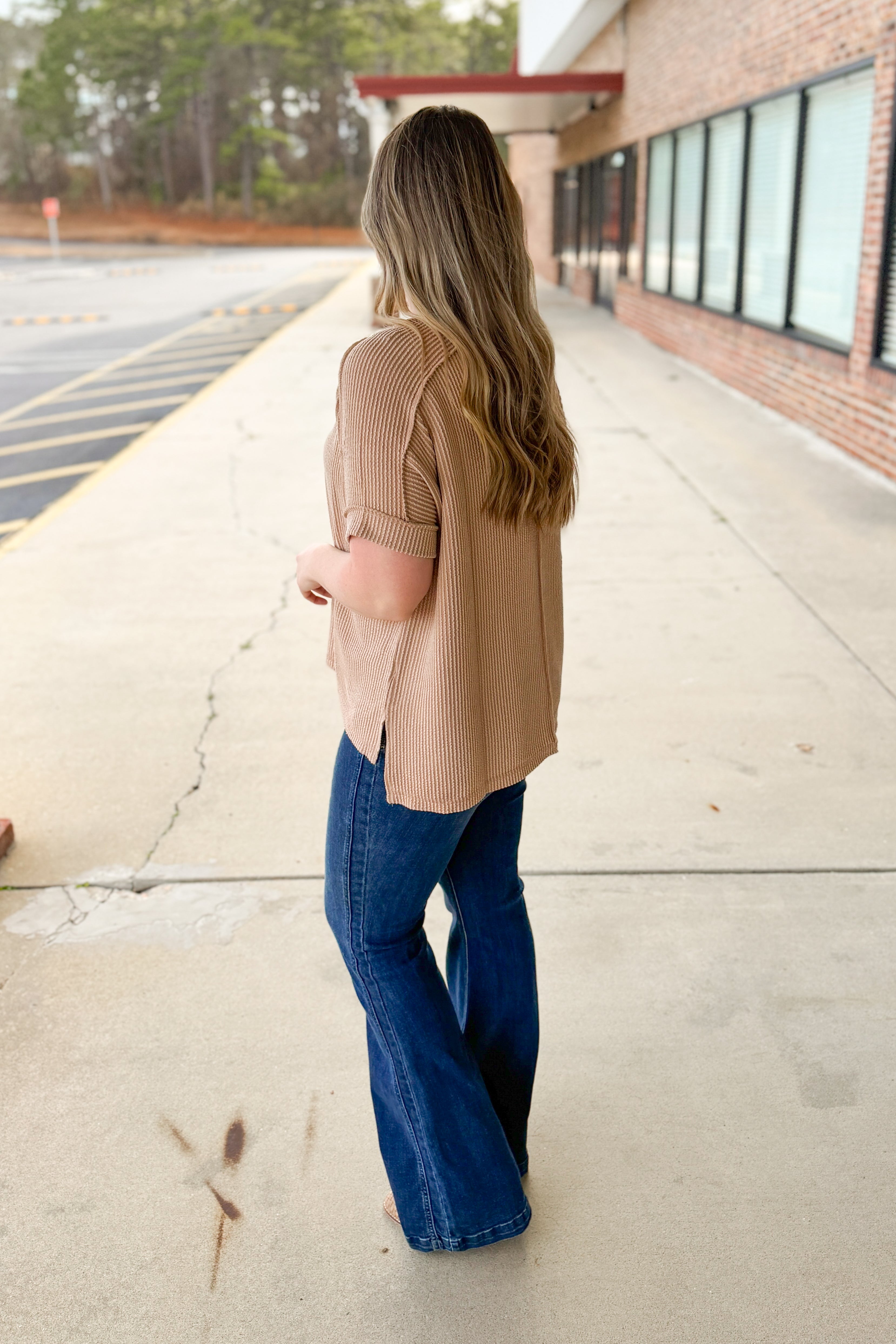 Teri V-Neck Ribbed Top, Light Mocha