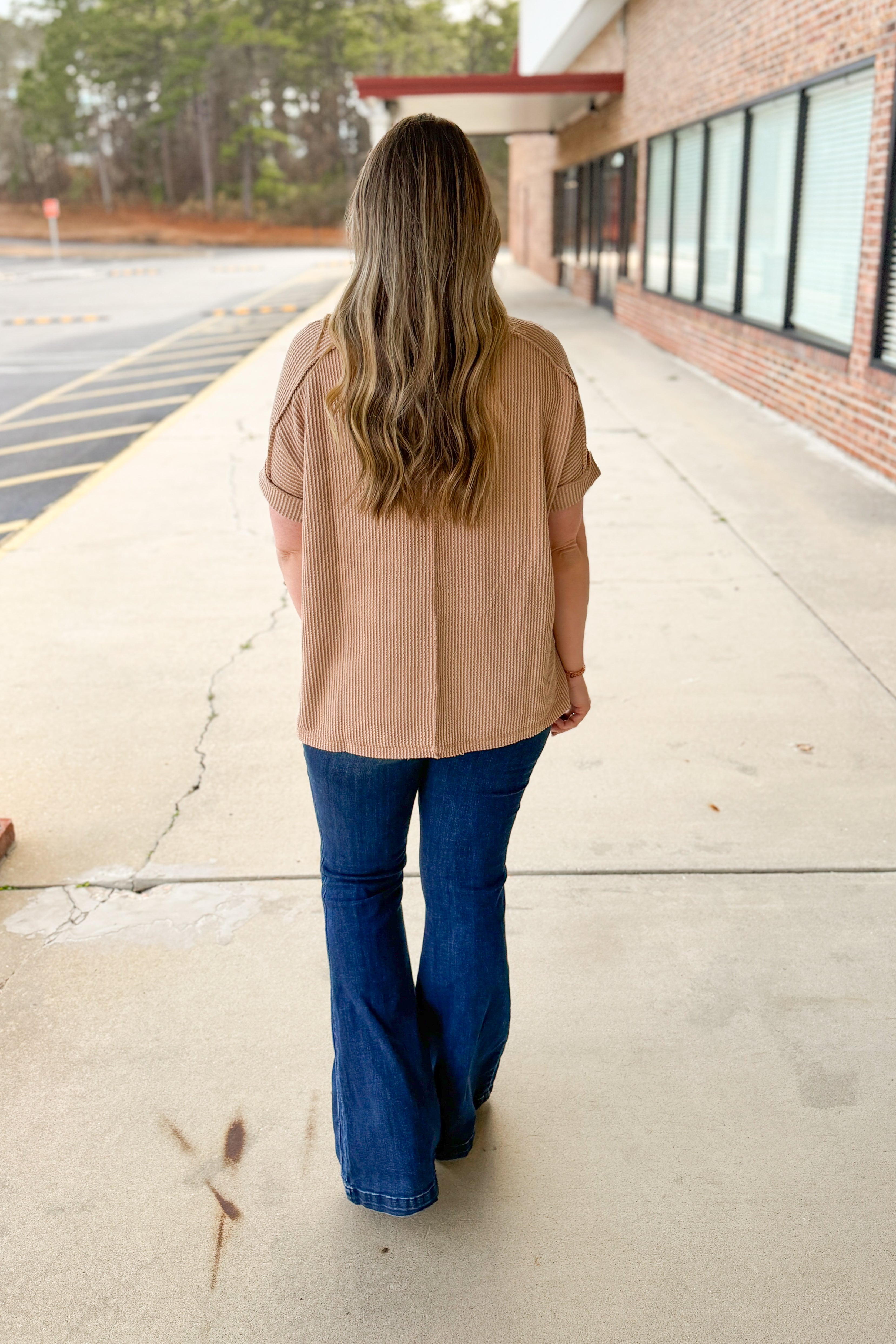 Teri V-Neck Ribbed Top, Light Mocha